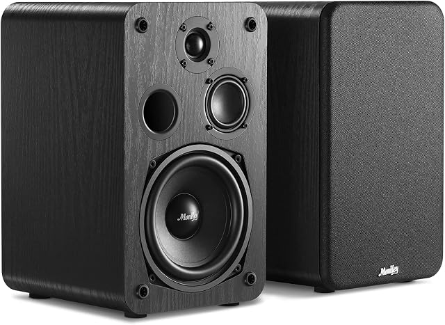 Moukey Passive Bookshelf Speakers (Pair), peak power 110 Watt Three-way Home Theater- 2.0 Near Field Studio Premium Sound at a Great Value Wooden Enclosure Wall-Mountable, Black-M20-3