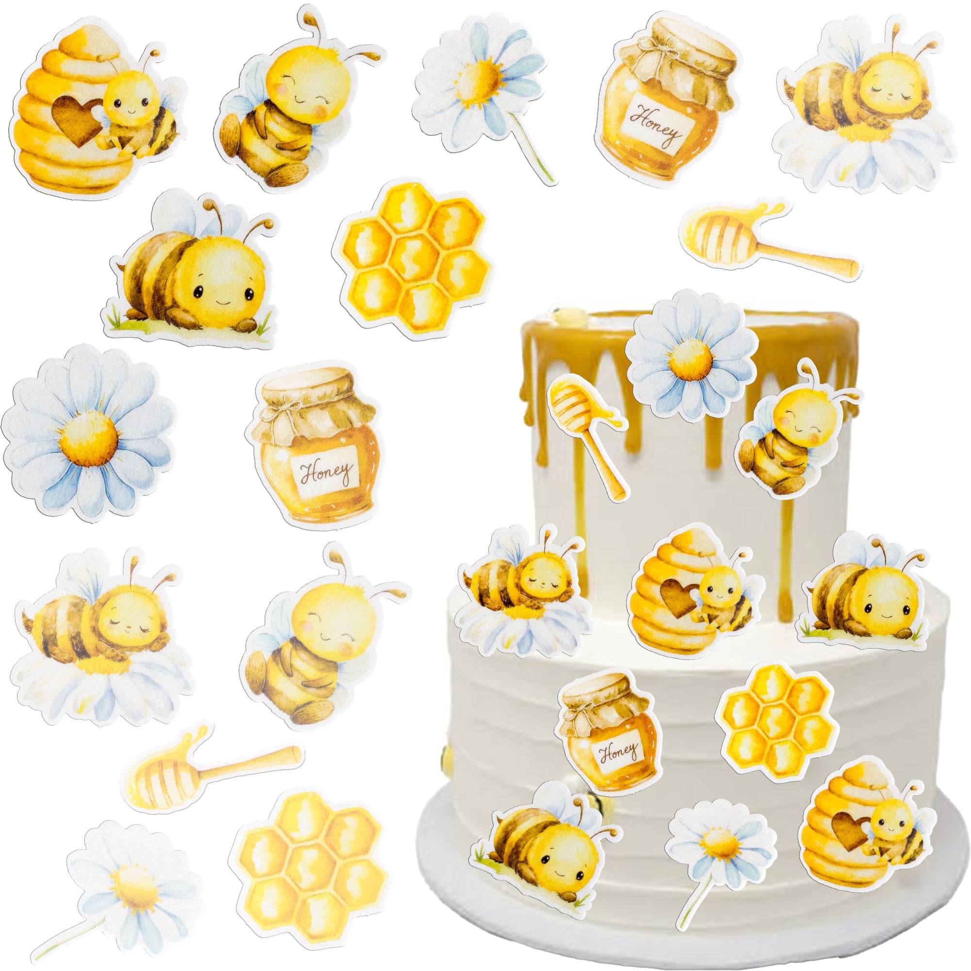 Gyufise 54Pcs Edible Bumble Bee Cupcake Toppers Wafer Paper Oh Babee Honey Bee Cupcake Picks Edible Sunflower Cupcake Decorations for Gender Reveal Baby Shower Birthday Party Supplies Yellow White