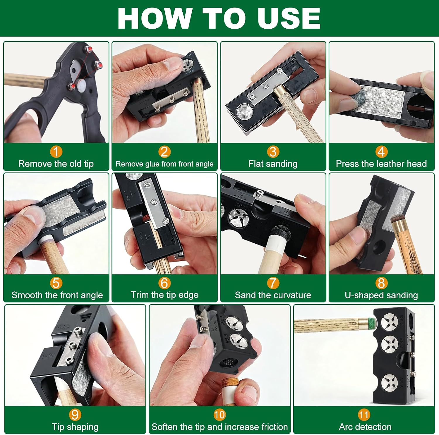 Pool Cue Tip Replacement Kit, 11-in-1 Pool Cue Tip Repair and Shaping Kit, Pool Cue Tip Repair Tool Include 10 Cue Tips, 4 Ferrules, 4 Chalks, Portable Pool Stick Tip Repair Kit