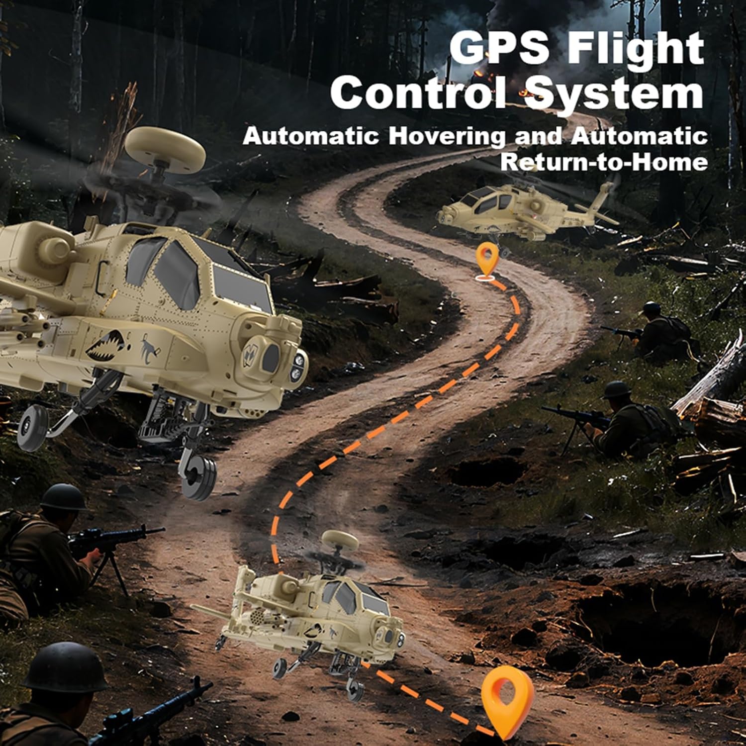 RC Helicopter with One-Key Takeoff/Landing, Apache Single Rotor 2.4G 4CH Heli Aircraft Altitude Hold, Optical Flow Positioning for Adults & Hobbyists(Without Camera)
