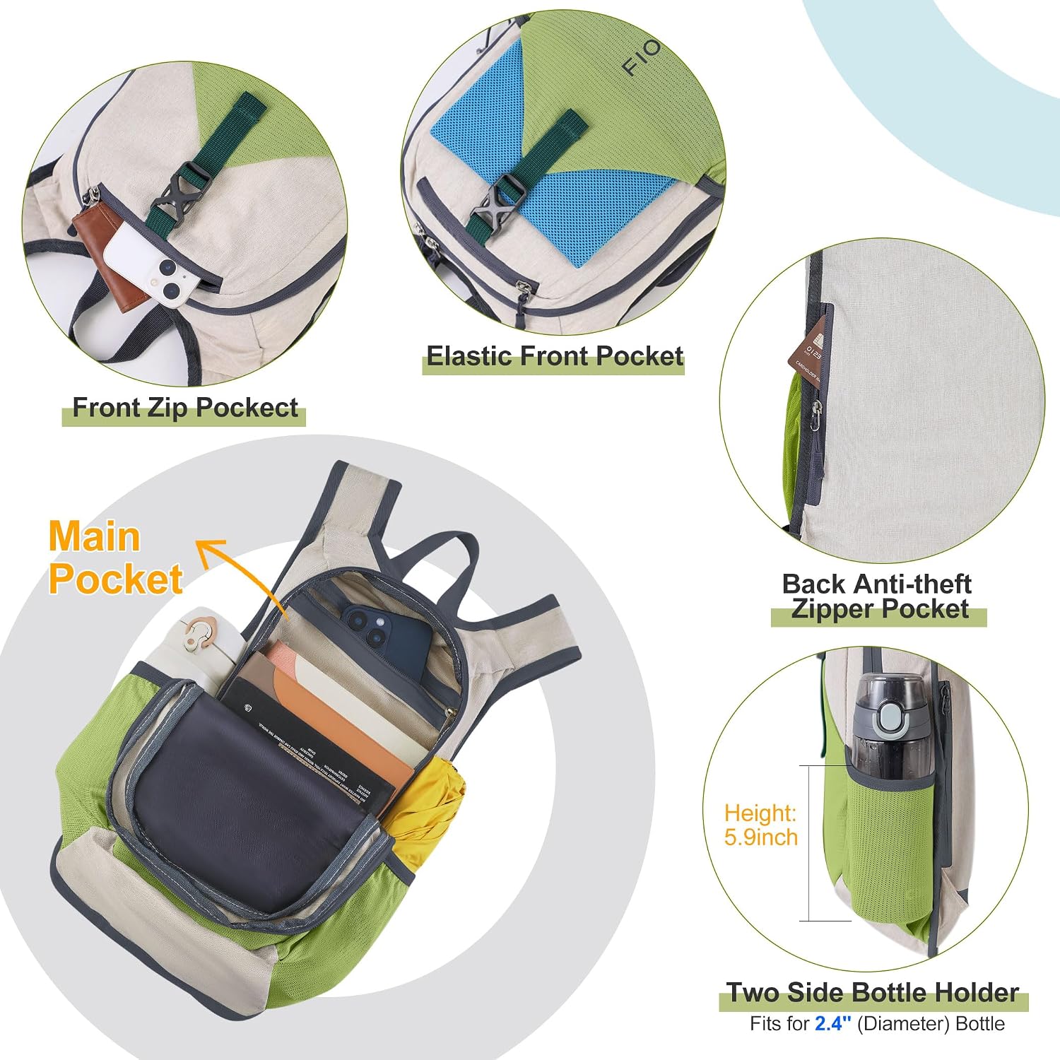 FIORETTO 10L Hiking Backpack for Men Women Lightweight Foldable Small Daypack for Travel Camping Outdoor, Beige and Green image 4