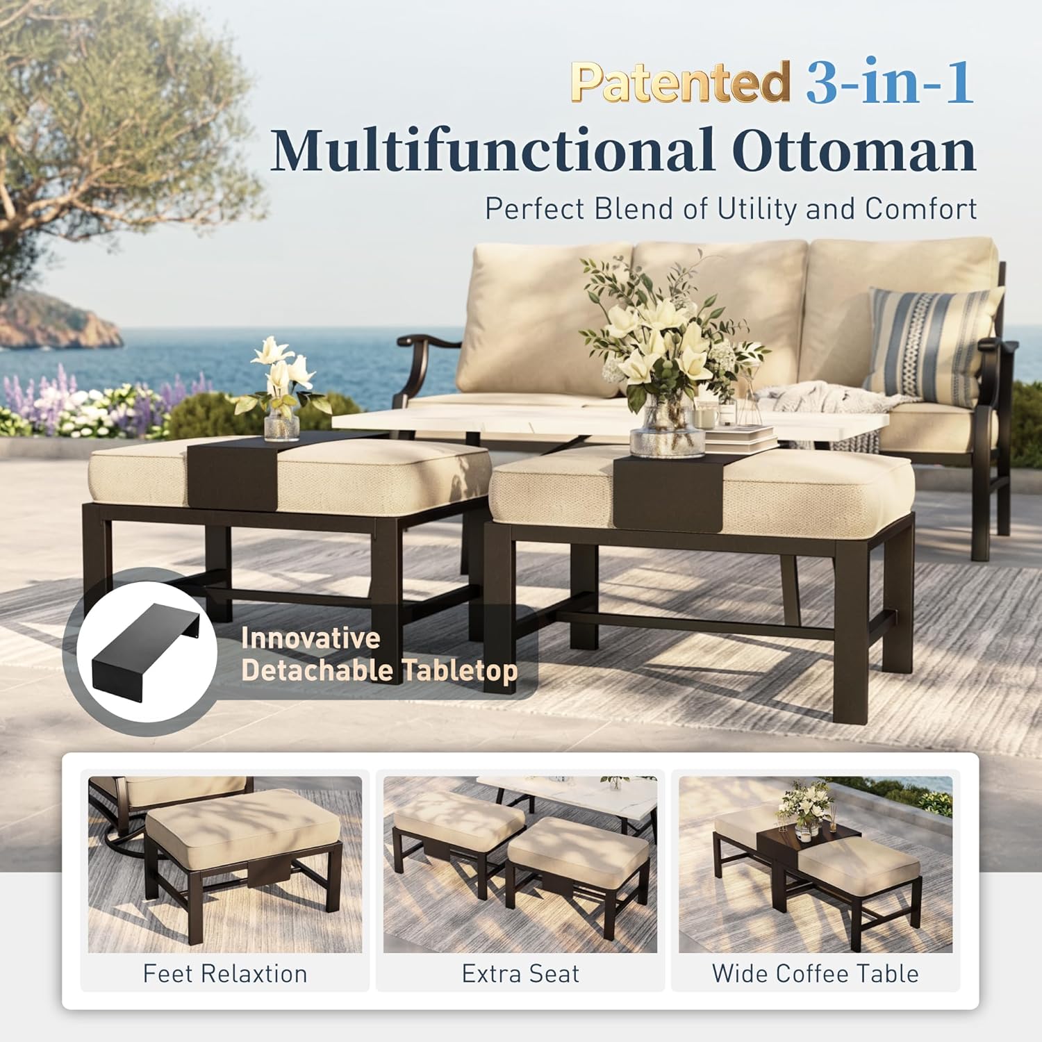 SUNSHINE VALLEY Patio Furniture Set, Modern Metal Outdoor Patio Furniture, 3 Seater Sofa, 2 Rocking Chairs, 2 Ottomans and 5.75" Extra Thick Cushion, Patio Conversation Set for Garden Backyard Deck