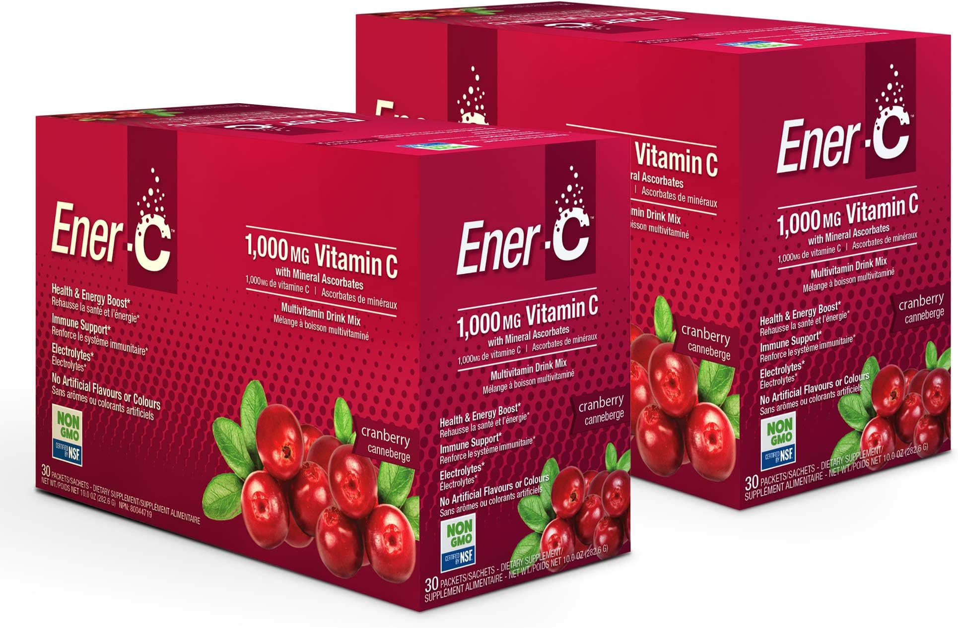 Ener-C - Vitamin C Immune Support, 1000mg Vitamin C Effervescent Multivitamin Drink Powder, Fruit Juice Vitamin C Drink Mix for Hydration with Electrolytes, Cranberry, 60 Packets (2-pack)