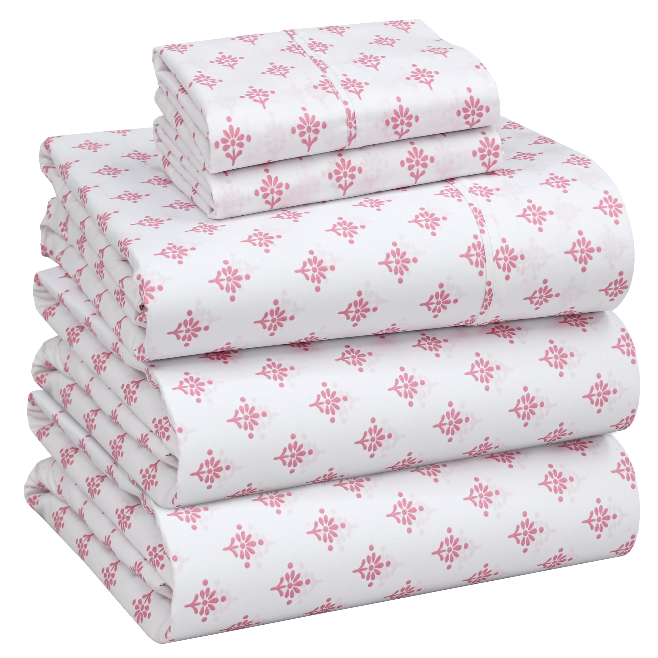 Ruvanti Block Print Motif 100% Cotton Percale Sheets Split King Size – Crisp Cooling Bed Sheets For Hot Sleepers, Deep Pocket 16”, Soft Breathable & Durable Hotel-Style 5 Piece Set,