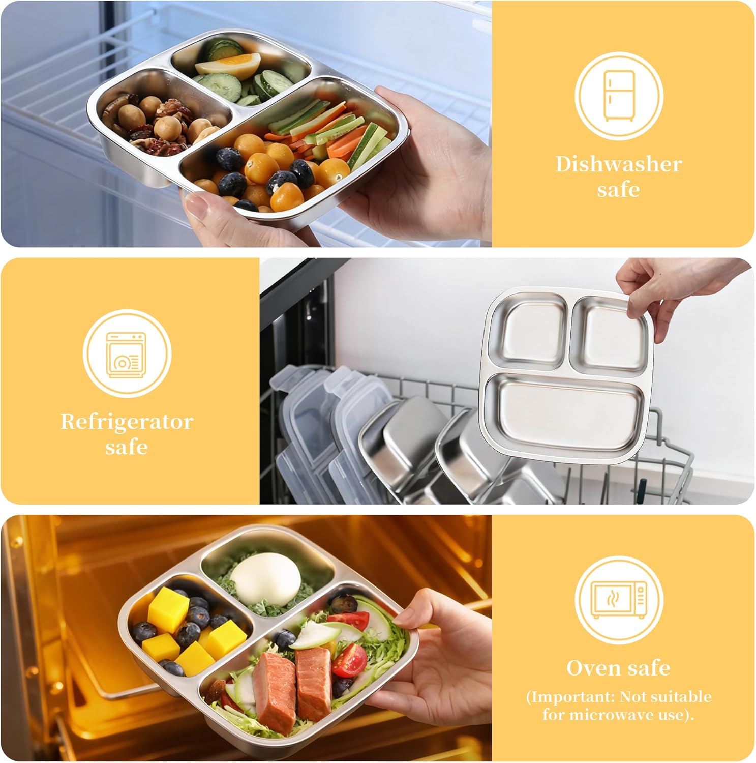 4 Pack Stainless Steel Snack Containers with Lids 3 Compartment Snackle Box Container Lunch Box for Adults Meal Prep Bento Box Containers Reusable Work (4, Gray, 600ml) - Image 4