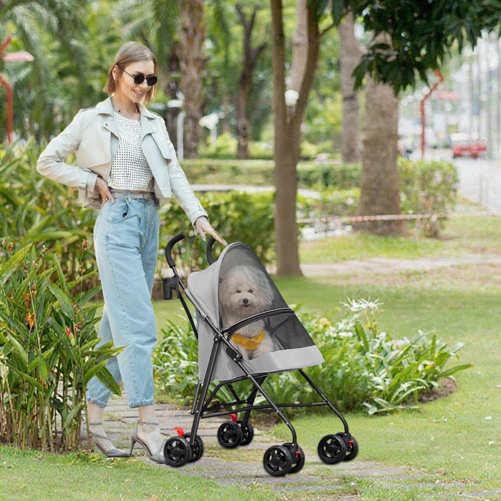 Homewell Składany wózek dla psa i kota, wózek dla zwierząt z uchwytem na kubek i uprzężą bezpieczeństwa, wózek podróżny, nośność 15 kg, koła z hamulcami 360° (szary)