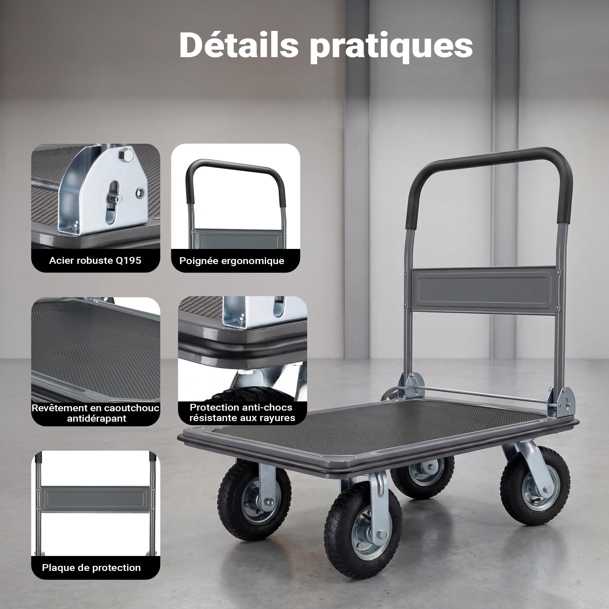 Chariot à Plate-Forme 300kg Max 4 Roues Poignée Rabattable Protection Bordure Surface antidérapante