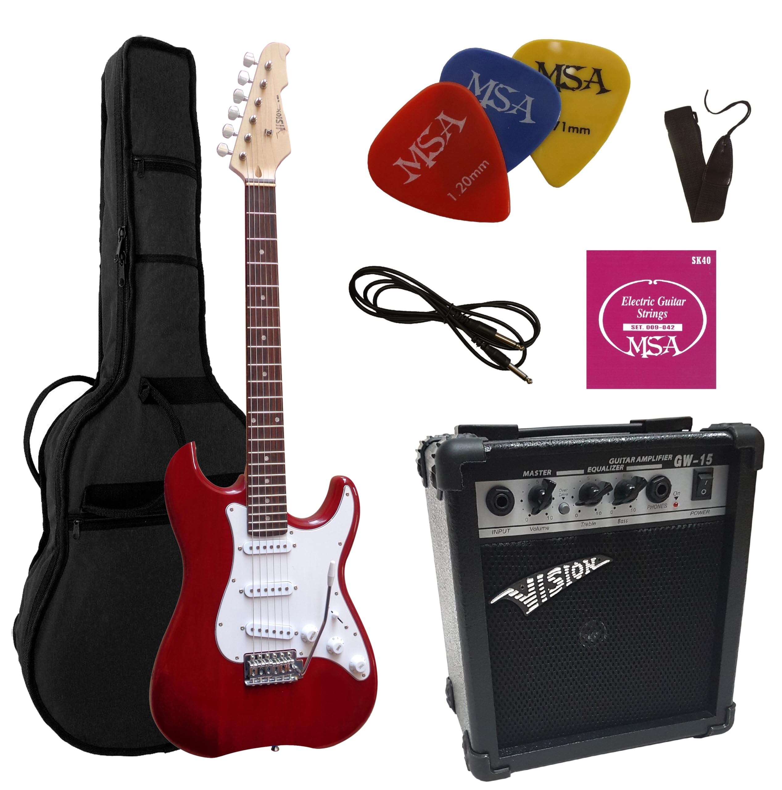 CHITARRE ELETTRICHE ROSSO SCURO TRANSPARENTE - CHITARRA ELETTRICA - SET CON AMPLIFICATORE DA 20WATT - BORSA - PLETTRO - CORDE