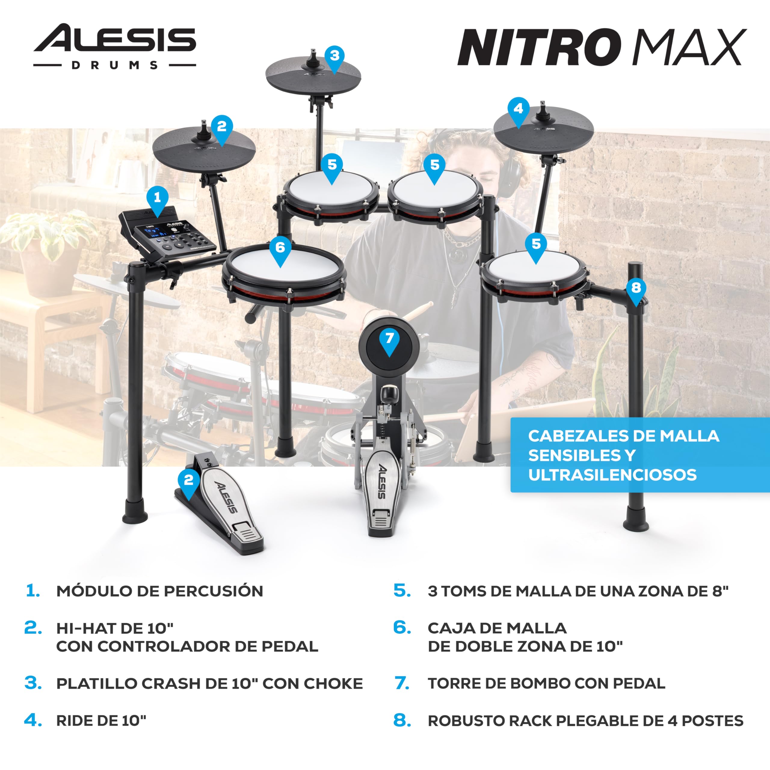 Alesis Nitro Max Kit Batería Electrónica con Parches Silenciosos de Malla, Caja de Doble Zona de 10", Bluetooth, 440+ Sonidos Auténticos, Lecciones Drumeo, USB MIDI, Taburete y Auriculares