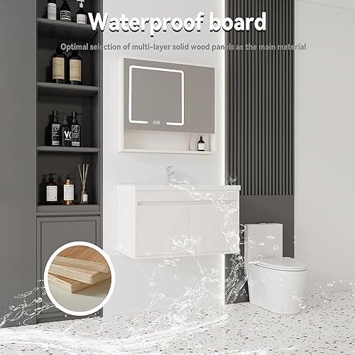 Miniatura 38 de Tocador de baño de 20 pulgadas con lavabo de cerámica, tocador de baño pequeño montado en la pared con puerta de cierre suave, gabinete flotante