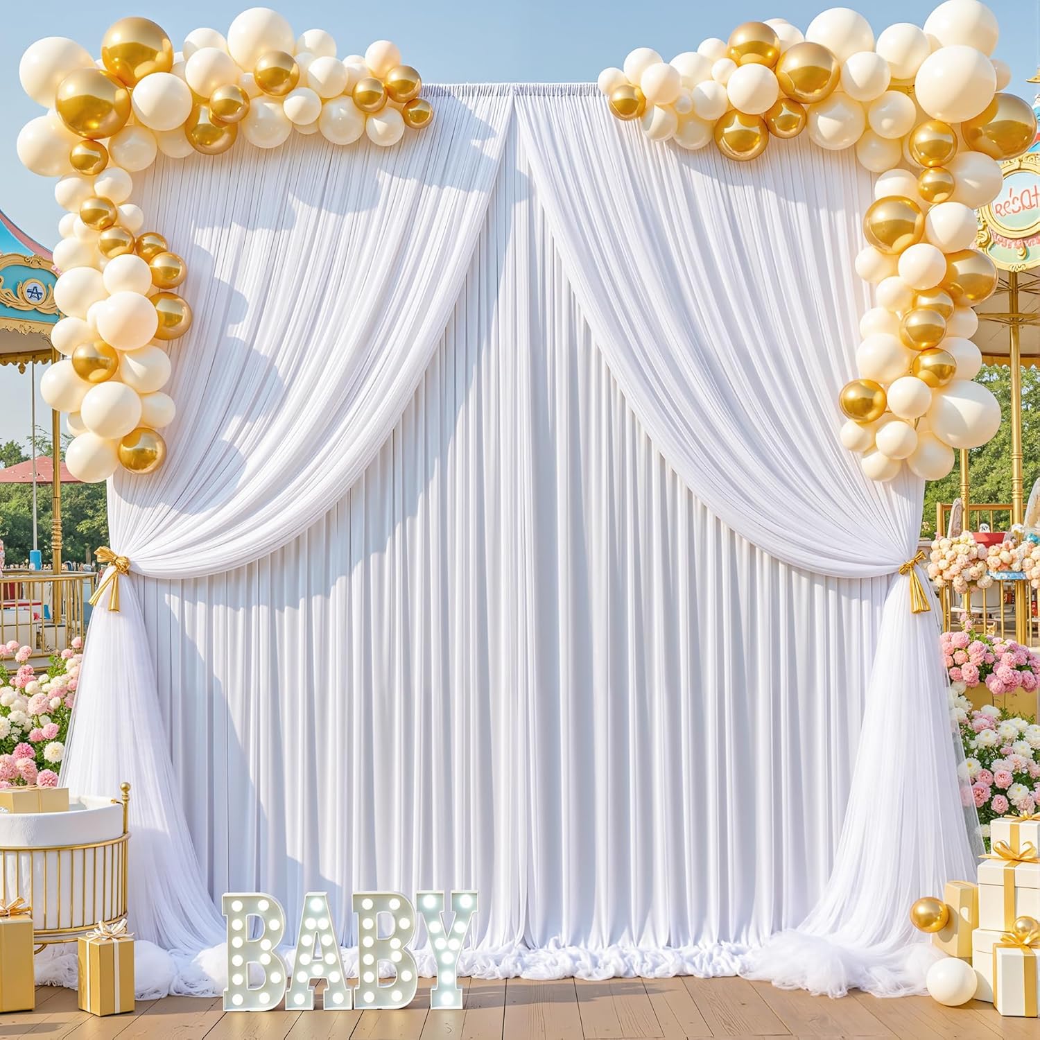 5x10ft White Tulle Backdrop Curtains - Two Layer Drapes with Tulle & Lining Fabric for Weddings, Birthday Parties, Baby Showers, Family Gatherings & Photography Decor