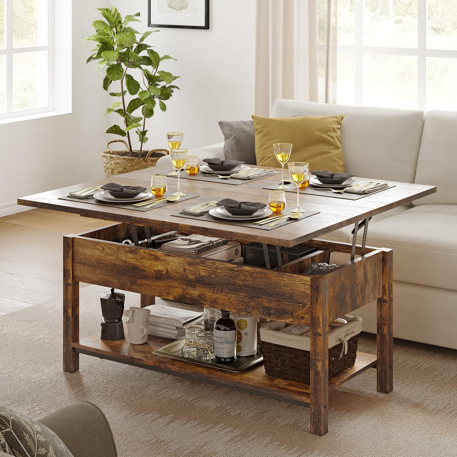 FABATO Lift Top Convertible Table, 4-in-1 Multi-Function Coffee/Dining Table with Storage, Rustic Brown, 41.73*19.29*18.3