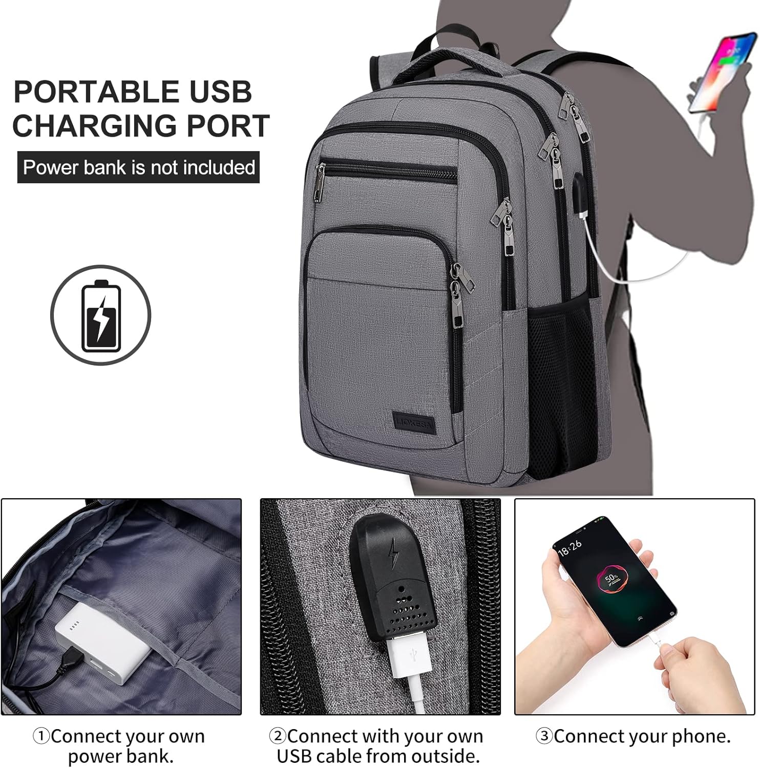 School Backpack, Large Backpack for Teen Boys, Business Slim Laptop Backpack with USB Charging Port, 15.6 Inch Water Resistant High School Bookbag, College Computer Bag for Men Women, Grey - Image 3