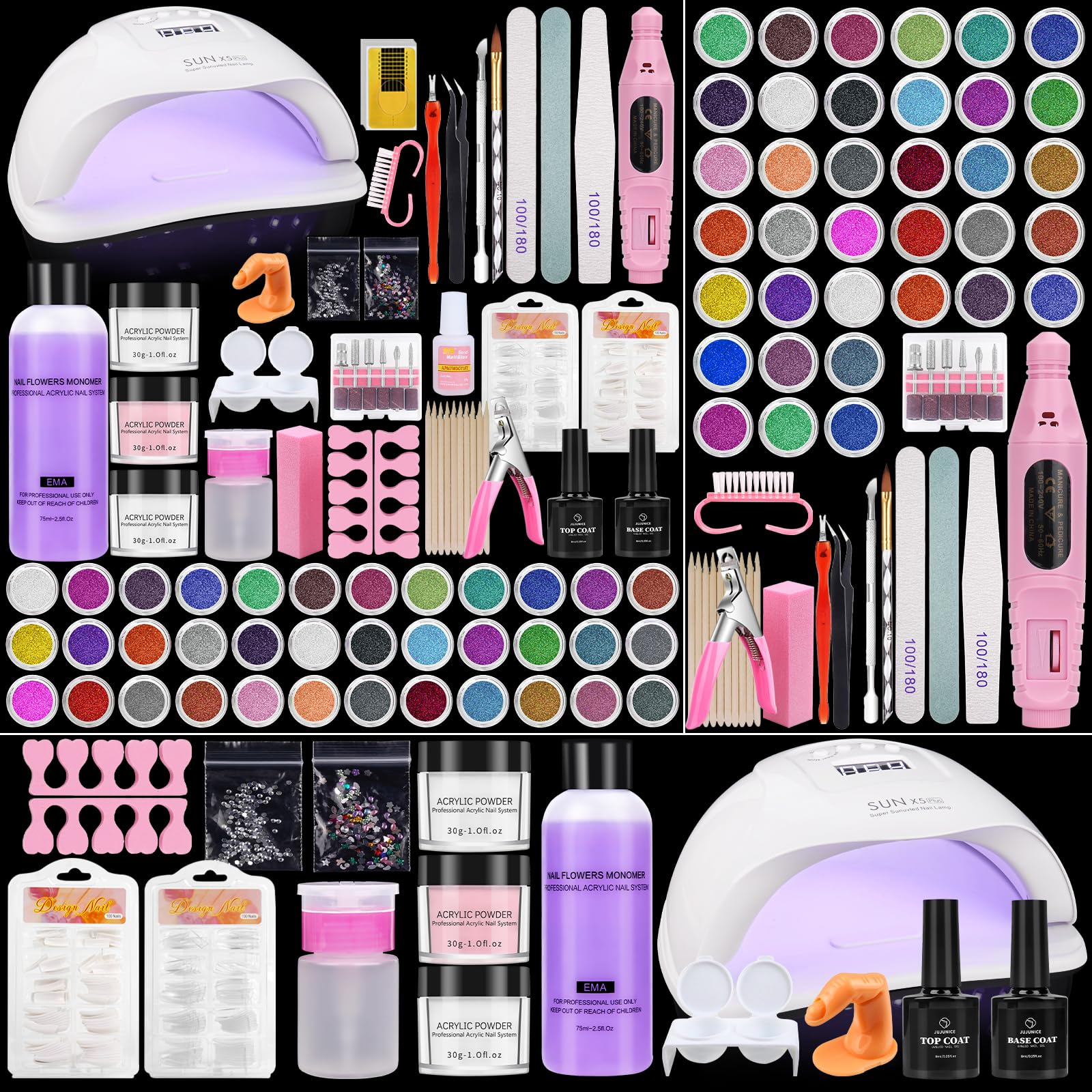 Yokilly Kit Ongle Gel UV Complet: Kit Ongle Manucure Avec 80W Lampe LED UV Electrique Ponceuse Pour Ongles Gel- Poudre Acrylique Pour Ongles