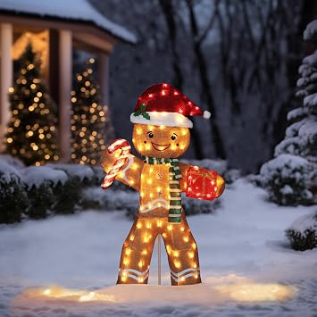Yardenaler 5FT Gingerbread Man with Candy Cane and Gift Box Decoration, 2.5D Pre-Lit Gingerbread Man Decor with 120 LED Lights for Christmas, Freestanding Glittered Holiday Display for Outdoor, Indoor
