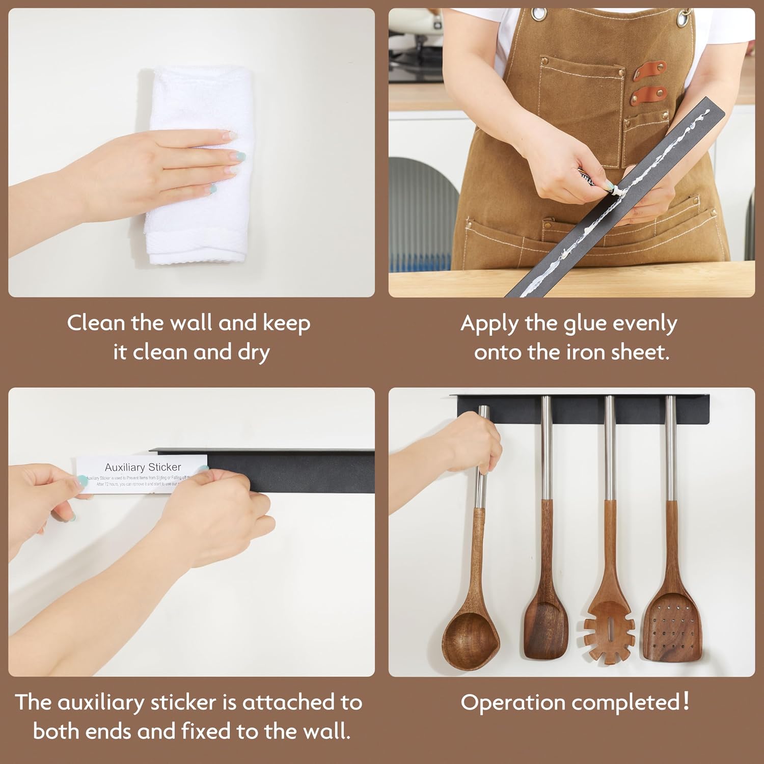 Edergoo 4 PCS Acacia Wood Cooking Utensils Set with Magnetic Hanging Handles Stainless Steel, Heat-Resistant Multi Function Cooking Tools