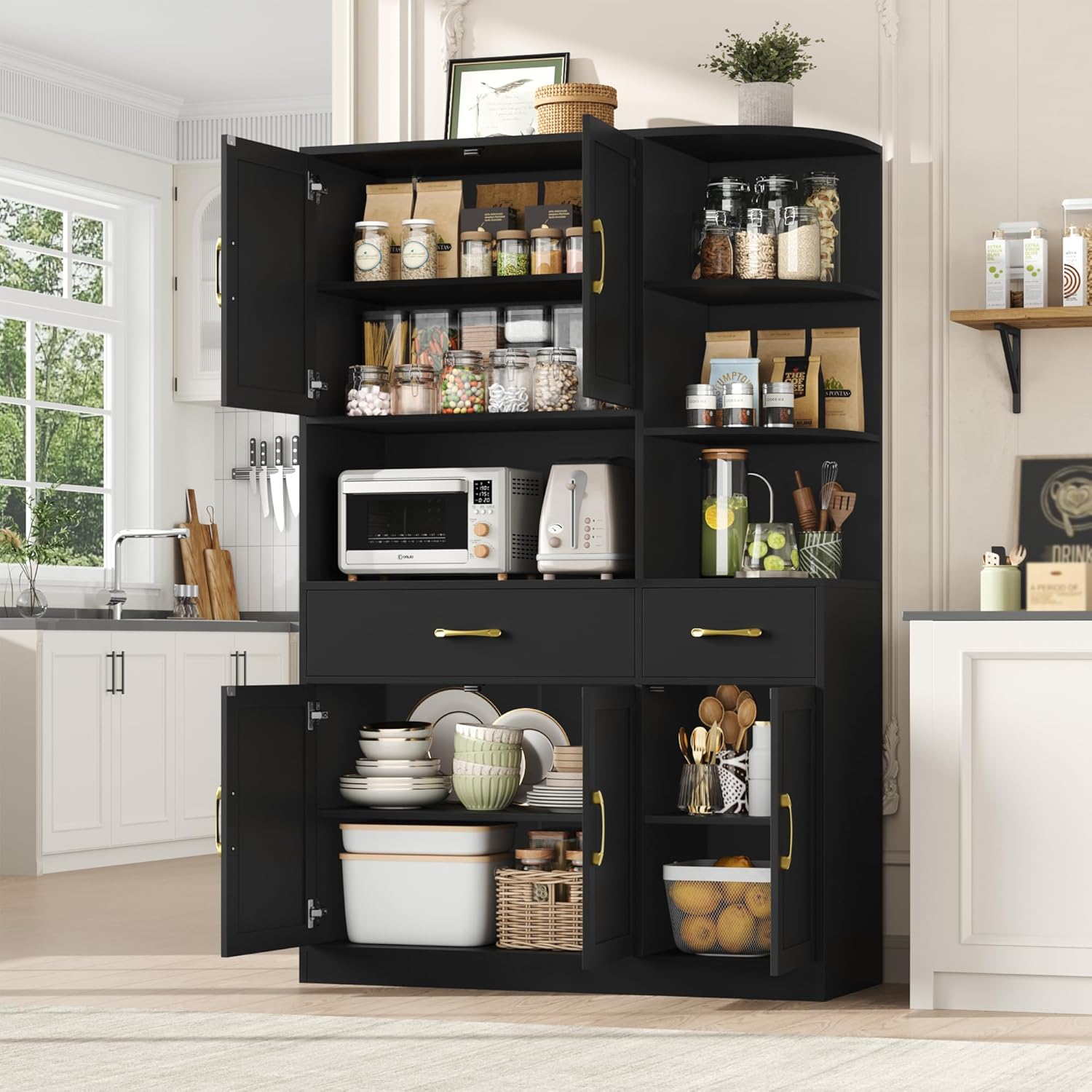 BOTLOG Kitchen Pantry Cabinet with all doors open, revealing organized storage for various kitchen items.