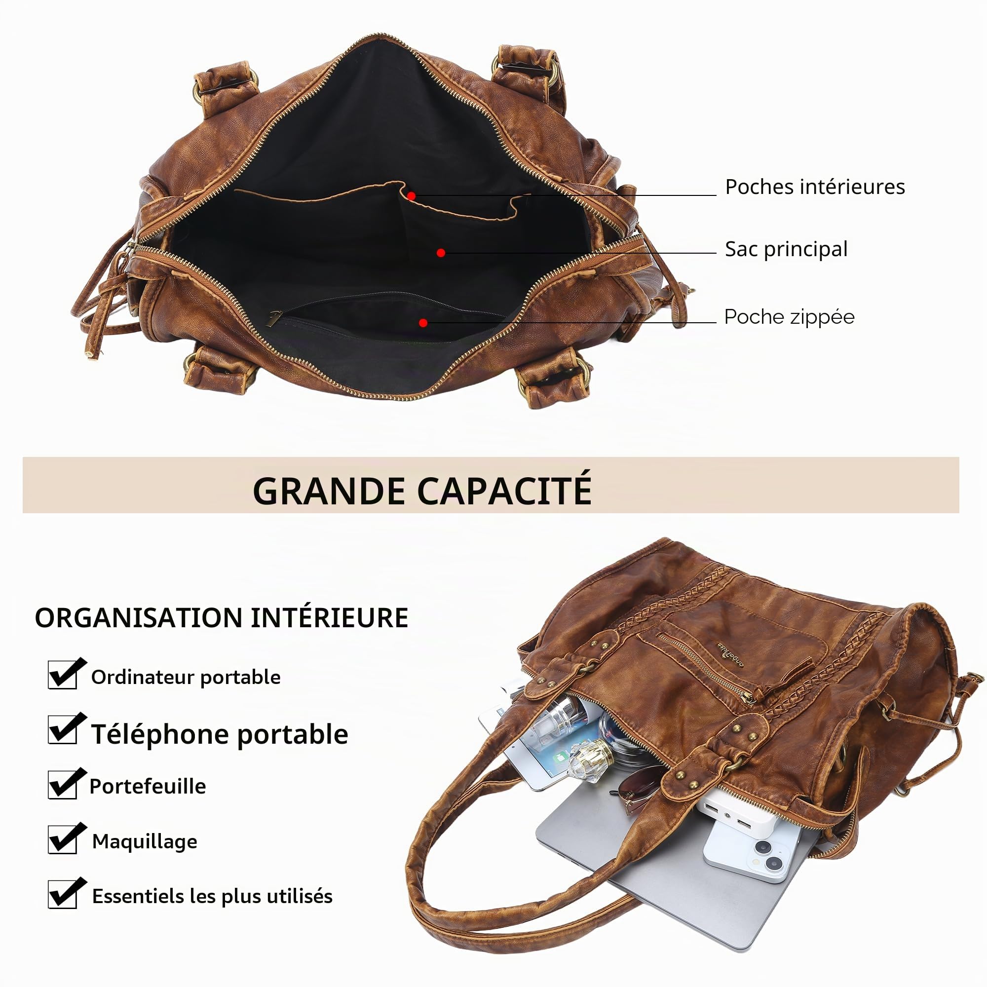 Angel Kiss Sacs Hobo pour femme en cuir végétalien, grand sac à main fourre-tout, sac à bandoulière