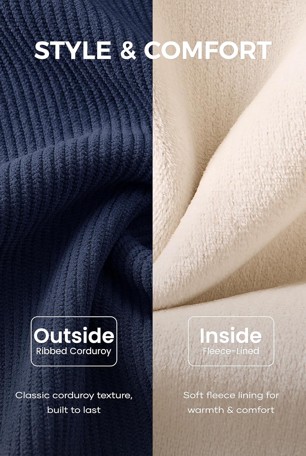 Mens Corduroy Fleece-Lined Sweatshirts Winter Heavyweight Casual Fashion Button Pullover (S-3XL)