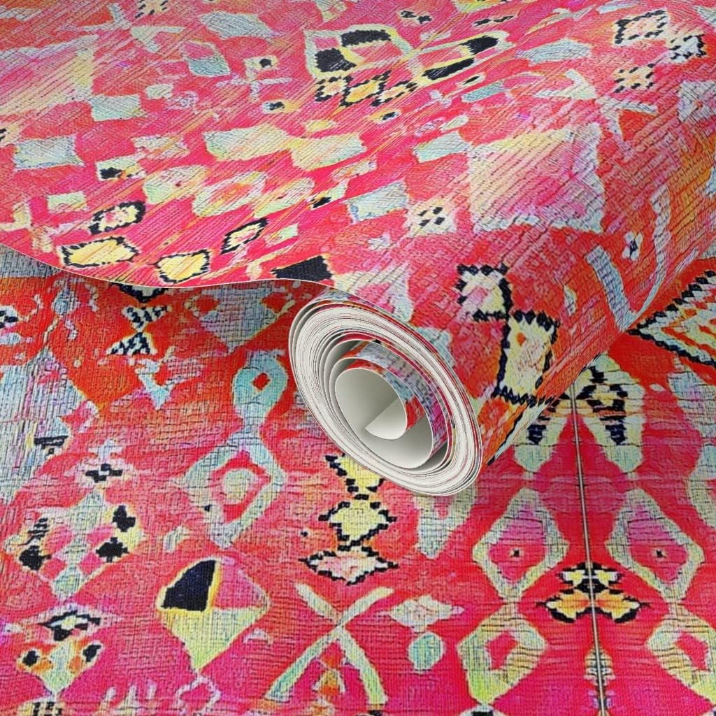 Peel & Stick Wallpaper 3ft x 2ft - Tropical Orange Pink Moroccan Style Turkish Inspired Kilim Boho Sunset Custom Removable Wallpaper by Spoonflower