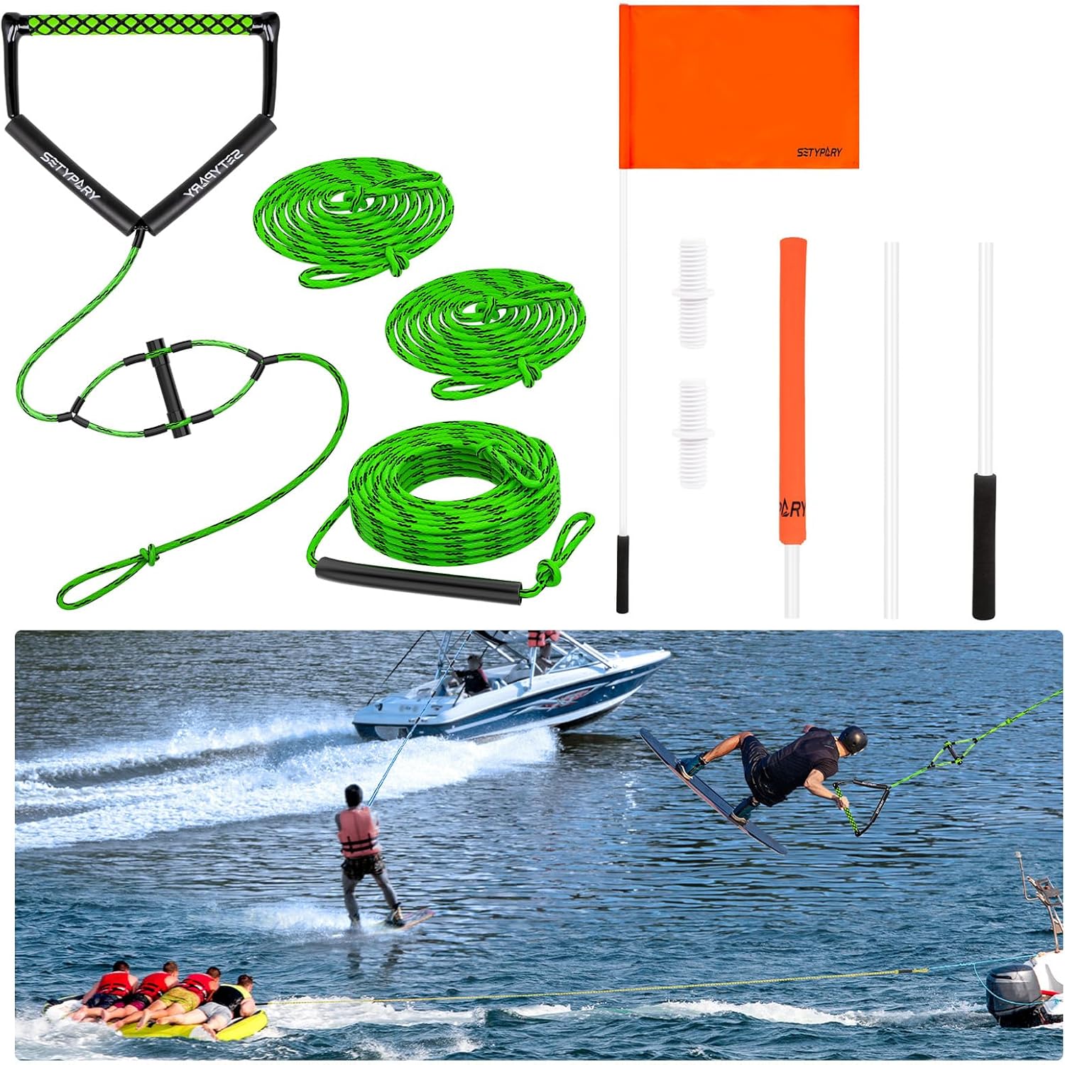 75FT Floating Wakeboard Rope (Green & Black) & 48" Safety Flag Combo - Adjustable Water Ski Rope with EVA Handle & High-Visibility Orange Tow Flag for Watersports