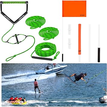 75FT Floating Wakeboard Rope Green & Black & 48" Safety Flag Combo - Adjustable Water Ski Rope with EVA Handle & High-Visibility Orange Tow Flag for Watersports