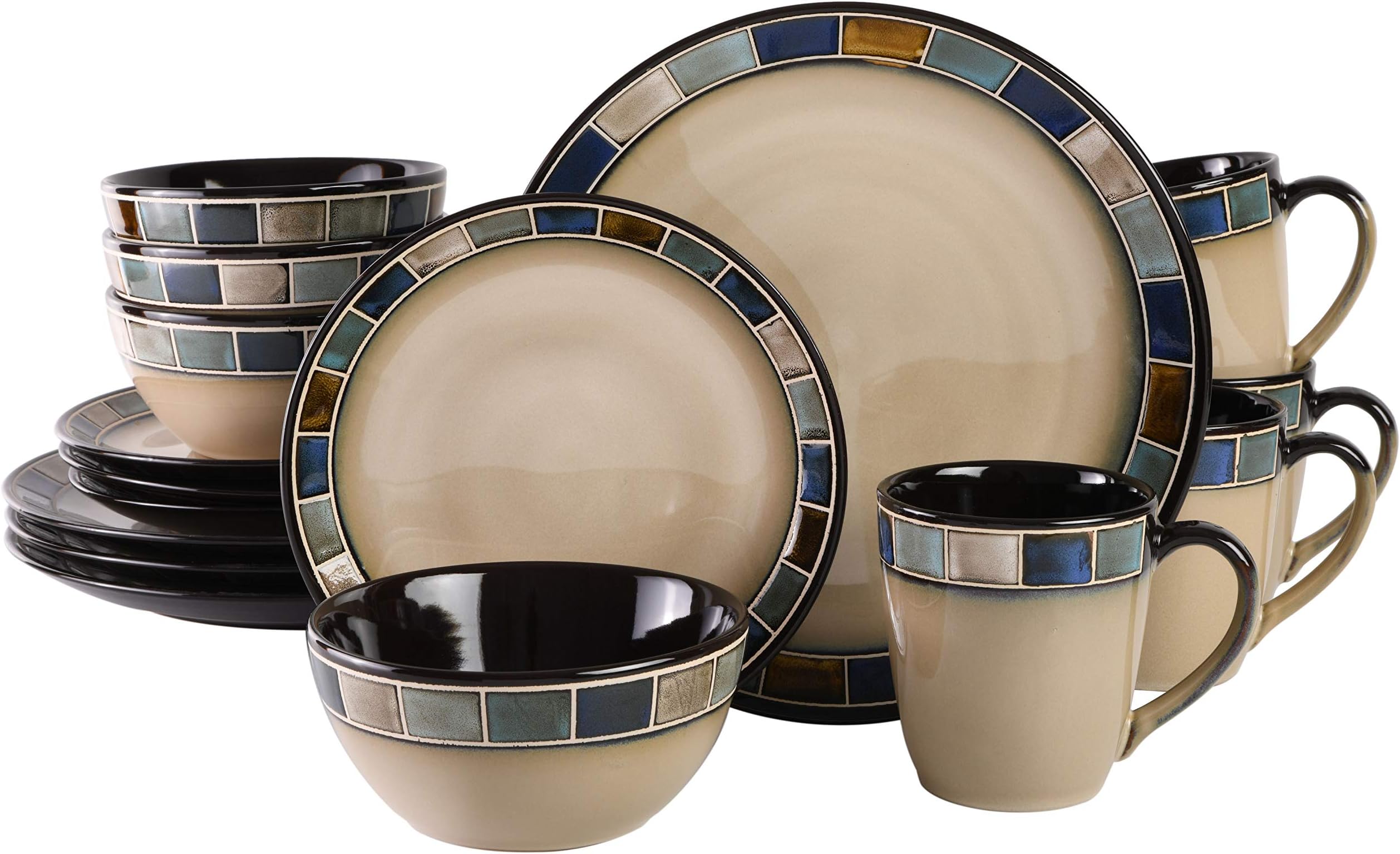 Gibson Elite 114339.16R Casa Azul 16 Piece Reactive Glaze Dinnerware Set, Cream and Blue