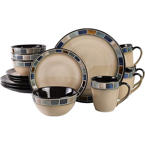 Gibson Elite 114339.16R Casa Azul 16 Piece Reactive Glaze Dinnerware Set, Cream and Blue