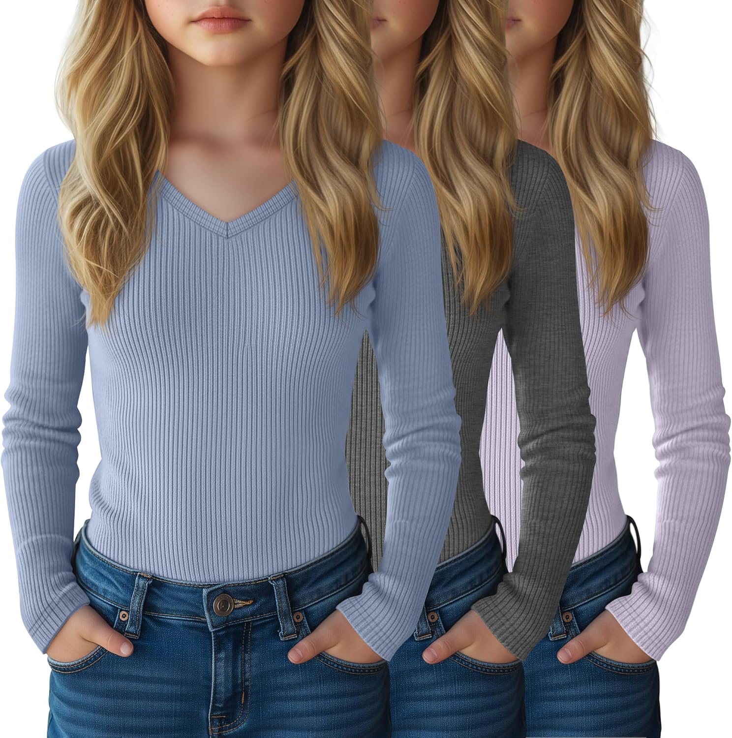 3 Pack Girls Long Sleeve Cotton Shirts Ribbed Knit Layering Tops Slim Fit V Neck Ba...