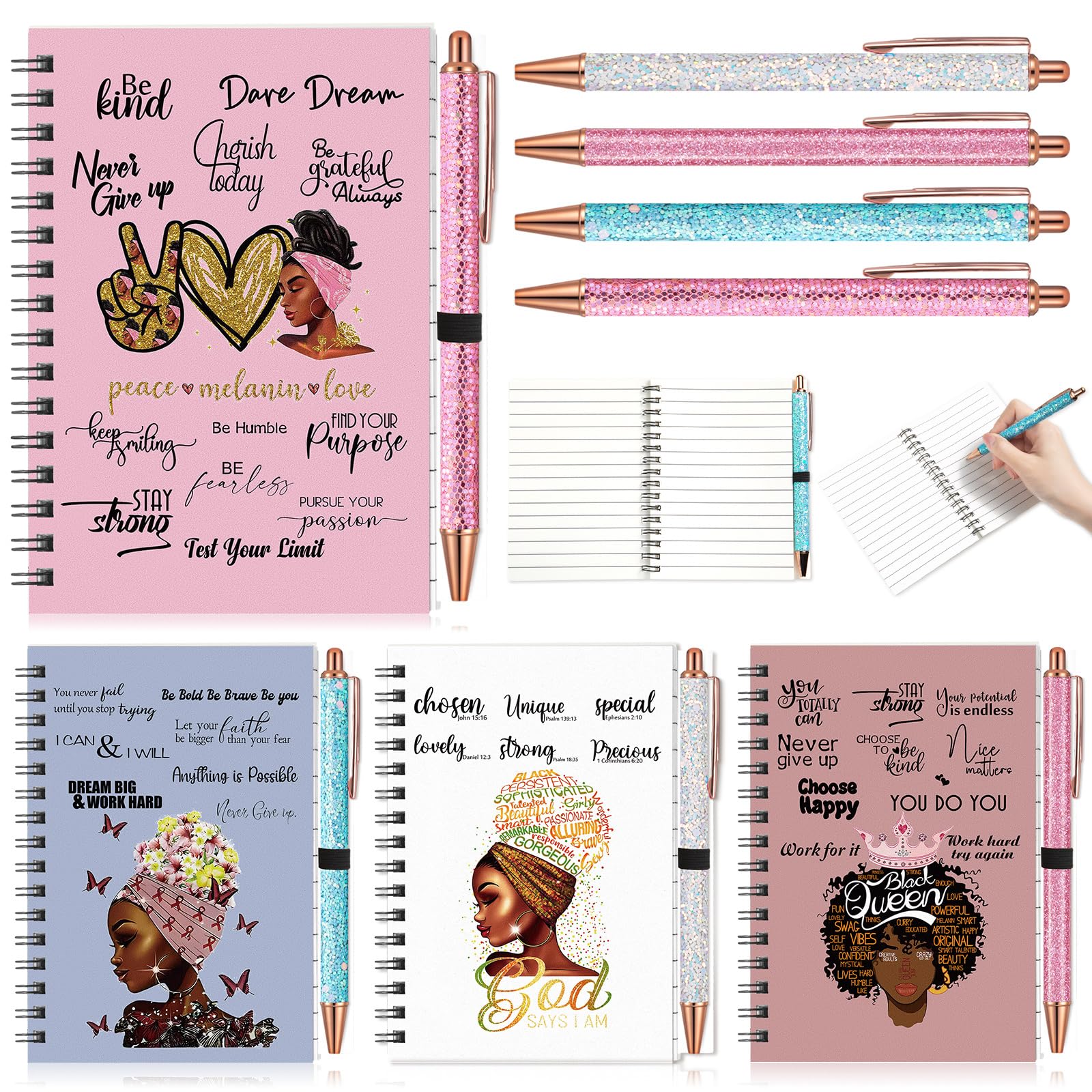 Resurhang 8 Sets Black Women Notebooks Inspirational African American Spiral Journal with Glitter Ballpoint Pen Motivational Notepads Gifts for Black