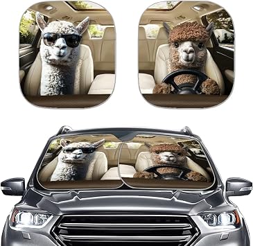 Renewold Alpaca Animal Driving, Automotive Windshield Sunshades, Foldable 2 Pack Car Front Window Shade, Blocks Heat UV Rays Sun Visor, Keep Cool Sun Shield Cover, Universal Car Accessories Interior