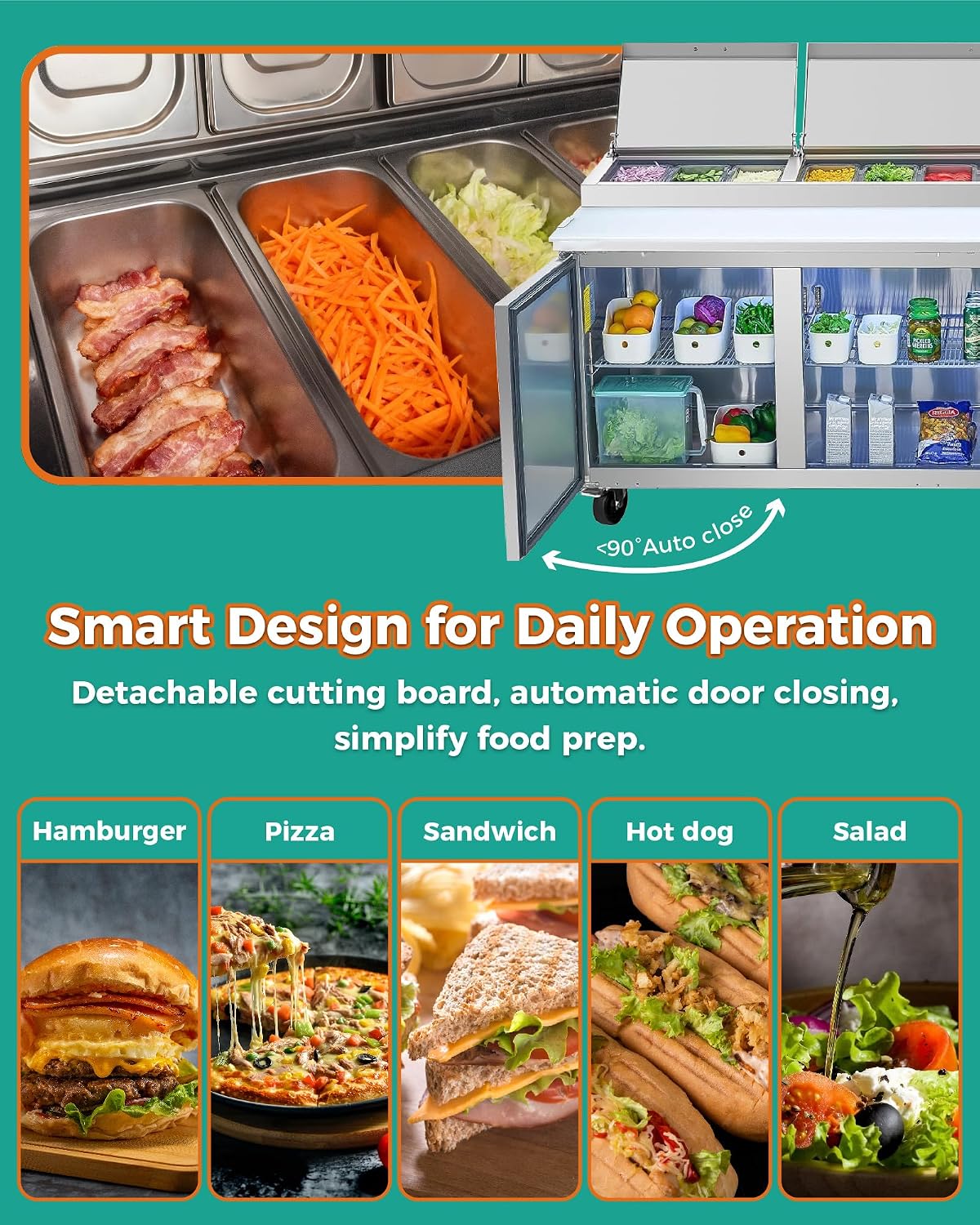 69" Stainless Steel Pizza Prep Table with Refrigerated Base, NSF & ETL Certified, R290 Refrigerant, Digital Temperature Control, Removable Salad Bar Cover, 50mm Insulation Commercial Kitchen Equipme