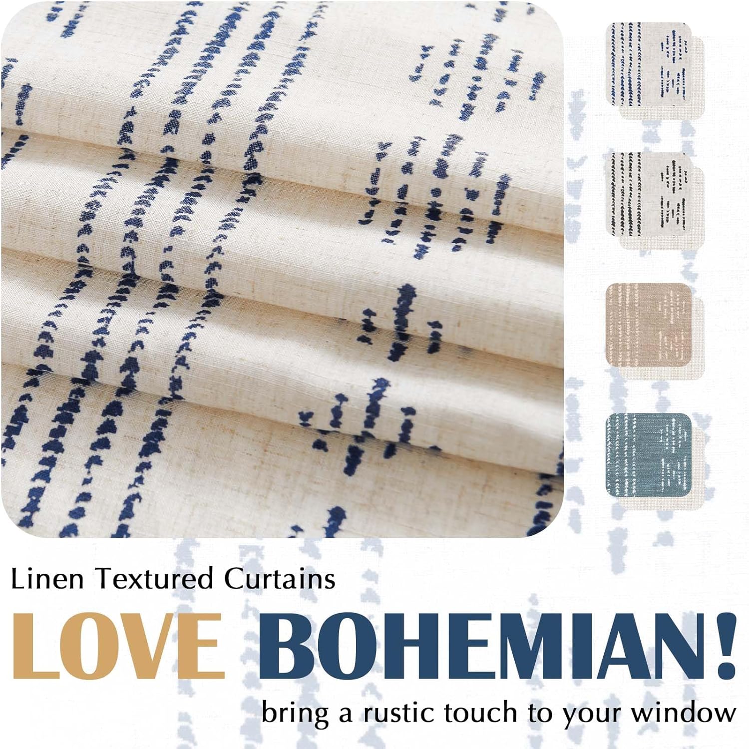jinchan Boho Stripe Kitchen Curtains and Valance Set Linen Tier Curtains Bohemian Small Window Drapes 24 Inch for Cafe Living Room Bathroom Window Treatments Rod Pocket 3 Pieces Set Blue on Beige