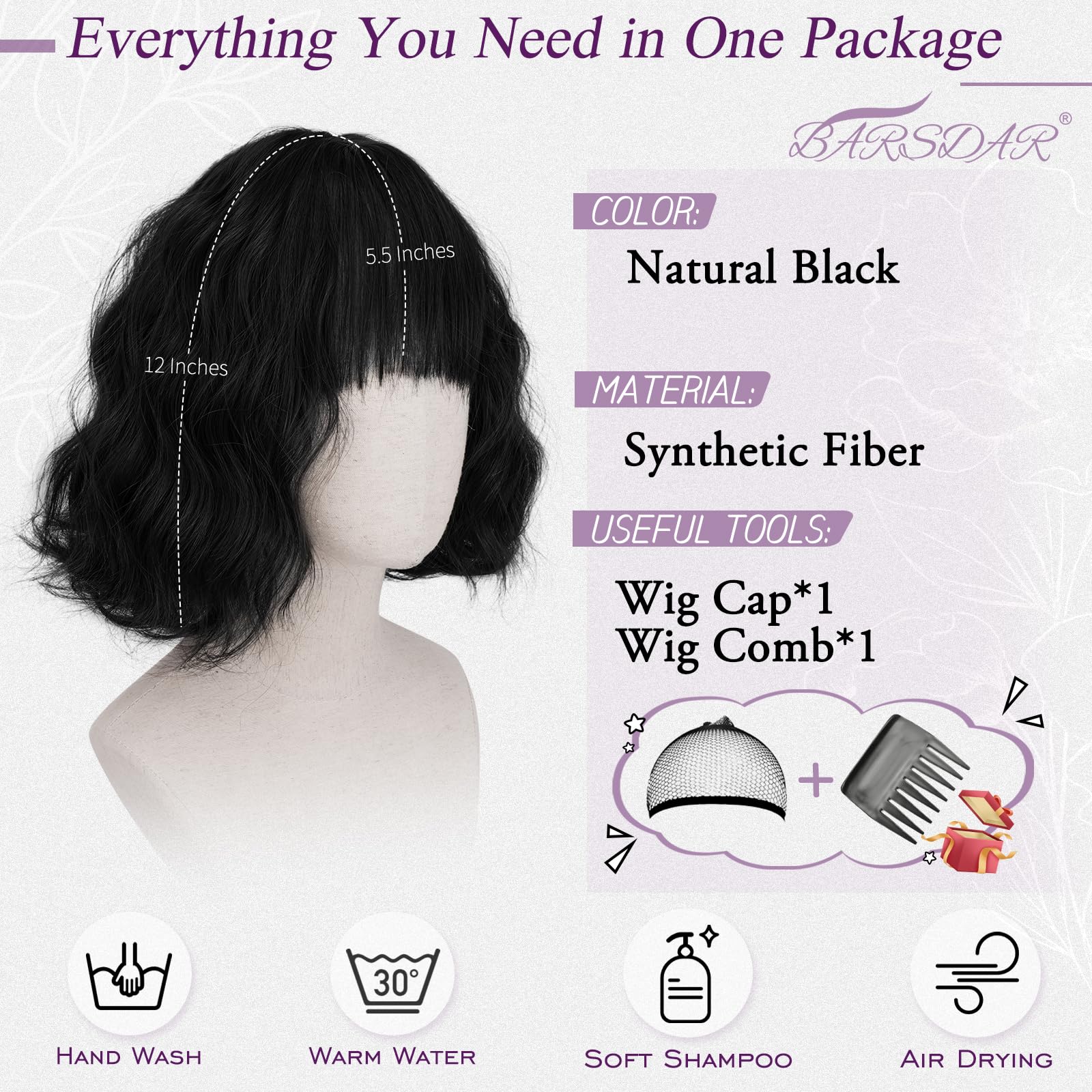 BARSDAR Short Wavy Black Wig with Bangs, Short Black Bob Wigs for Women - Image 2
