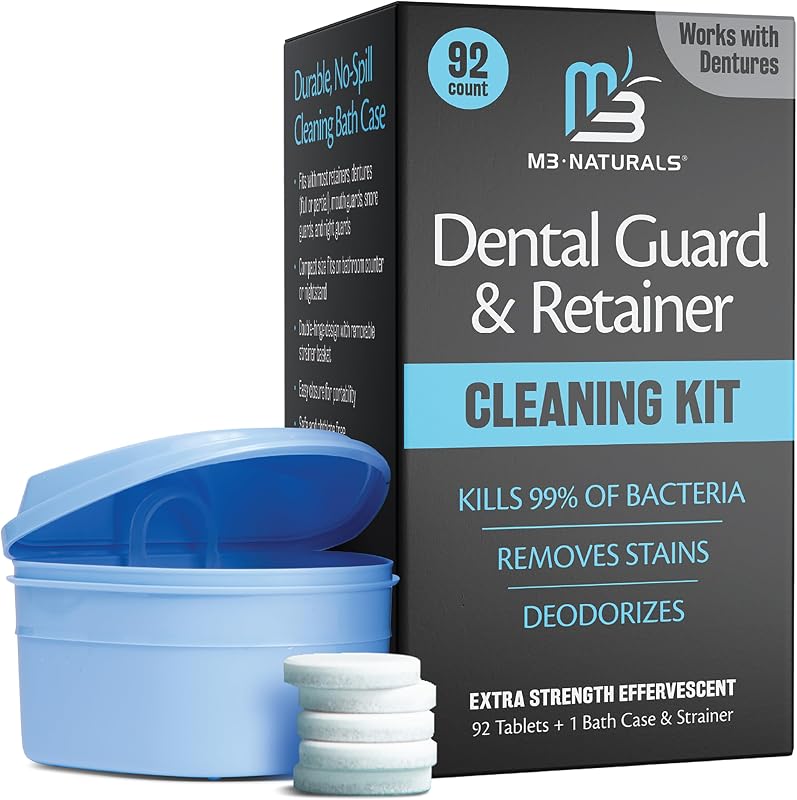 Retainer & Denture Cleaning Kit, 92 Tablets + Bath Case & Strainer by M3 | Invisalign, Aligner, Night Guard & Mouth Guard Effervescent Soak Kit with Bath Case, Helps Remove Stains, Odor & Plaque