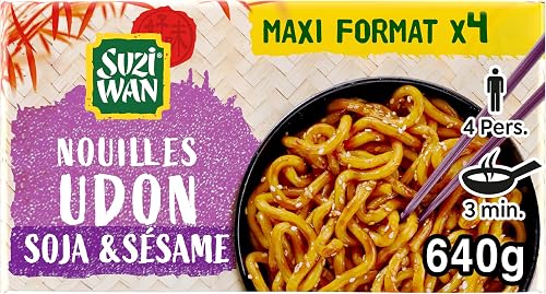 SUZI WAN Nouilles Précuites Udon Saveur Soja & Sésame, Maxi Format 4 x 160g | 4 