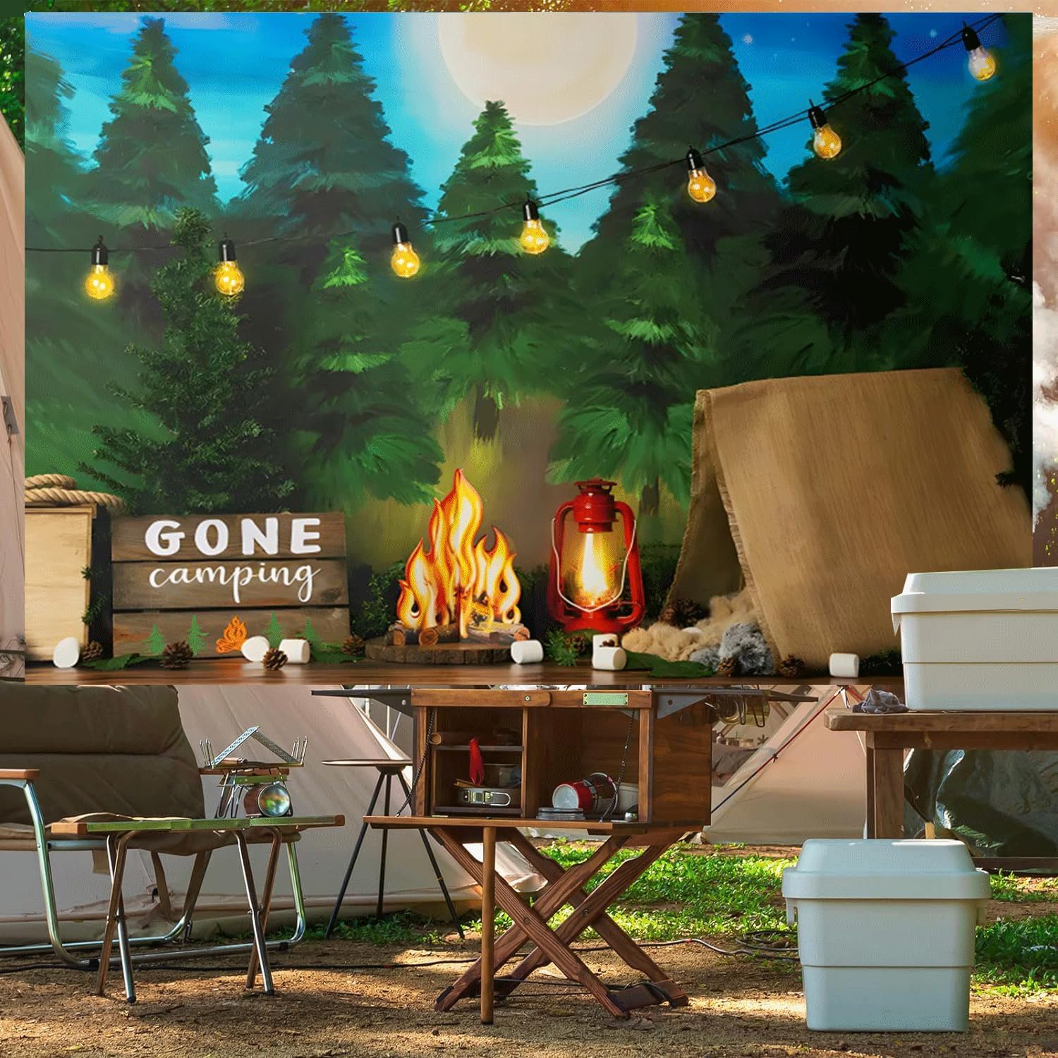 10x8ft Gone Camping Backdrop for Photoshoot Camping Themed Party Decorations for Classroom Extra Large Happy Camper Banner Photography Backdrops Background for Birthday Party Decorations