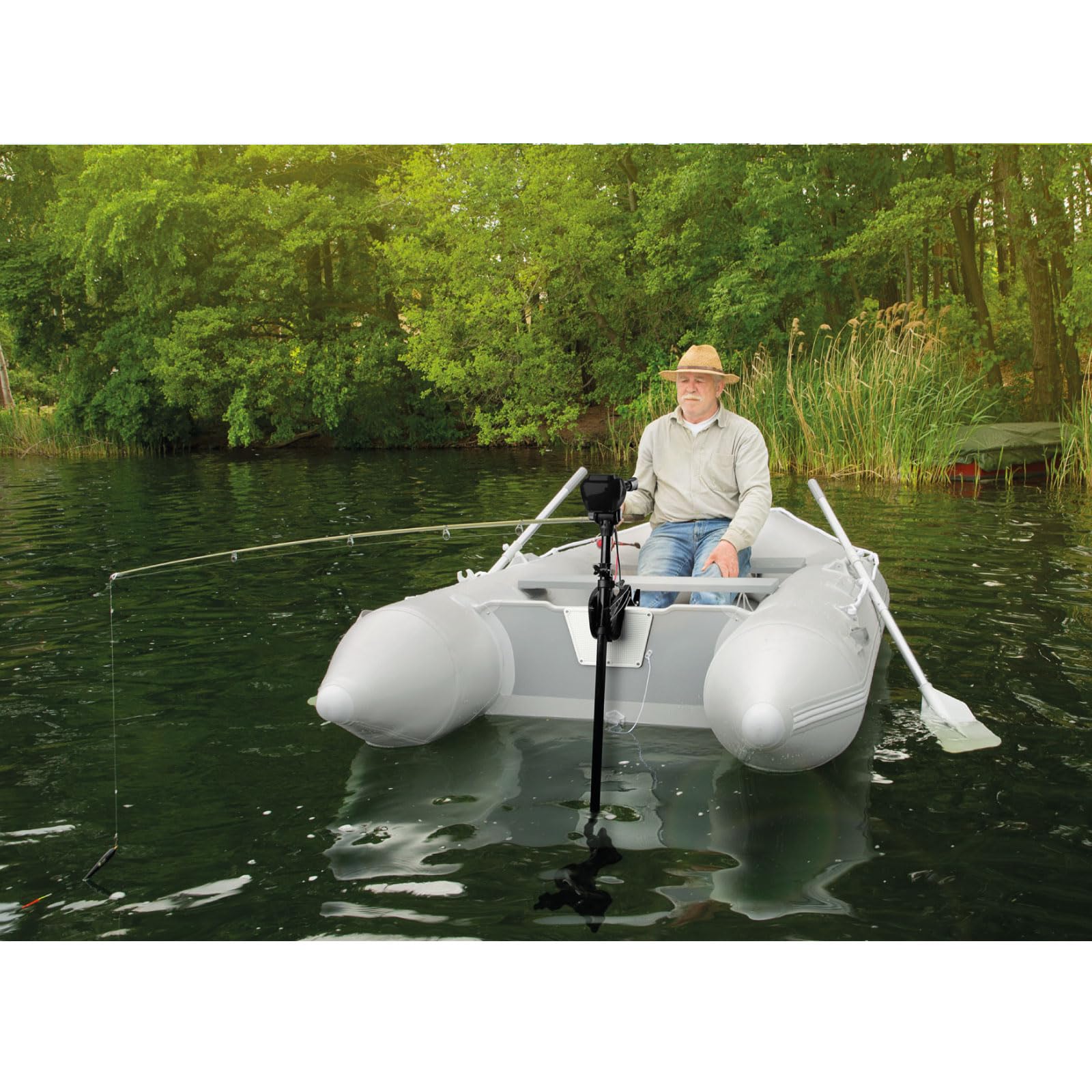 EBERTH Schlauchboot mit Motor, 3-8 Personen, 50-86 LBS Schubkraft, Führerscheinfrei, Angelboot mit Elektro Außenborder, Sitzbänke, Festrumpf, Außenbordmotor, 2xPaddel, Pumpe, Reparaturkit, Tasche