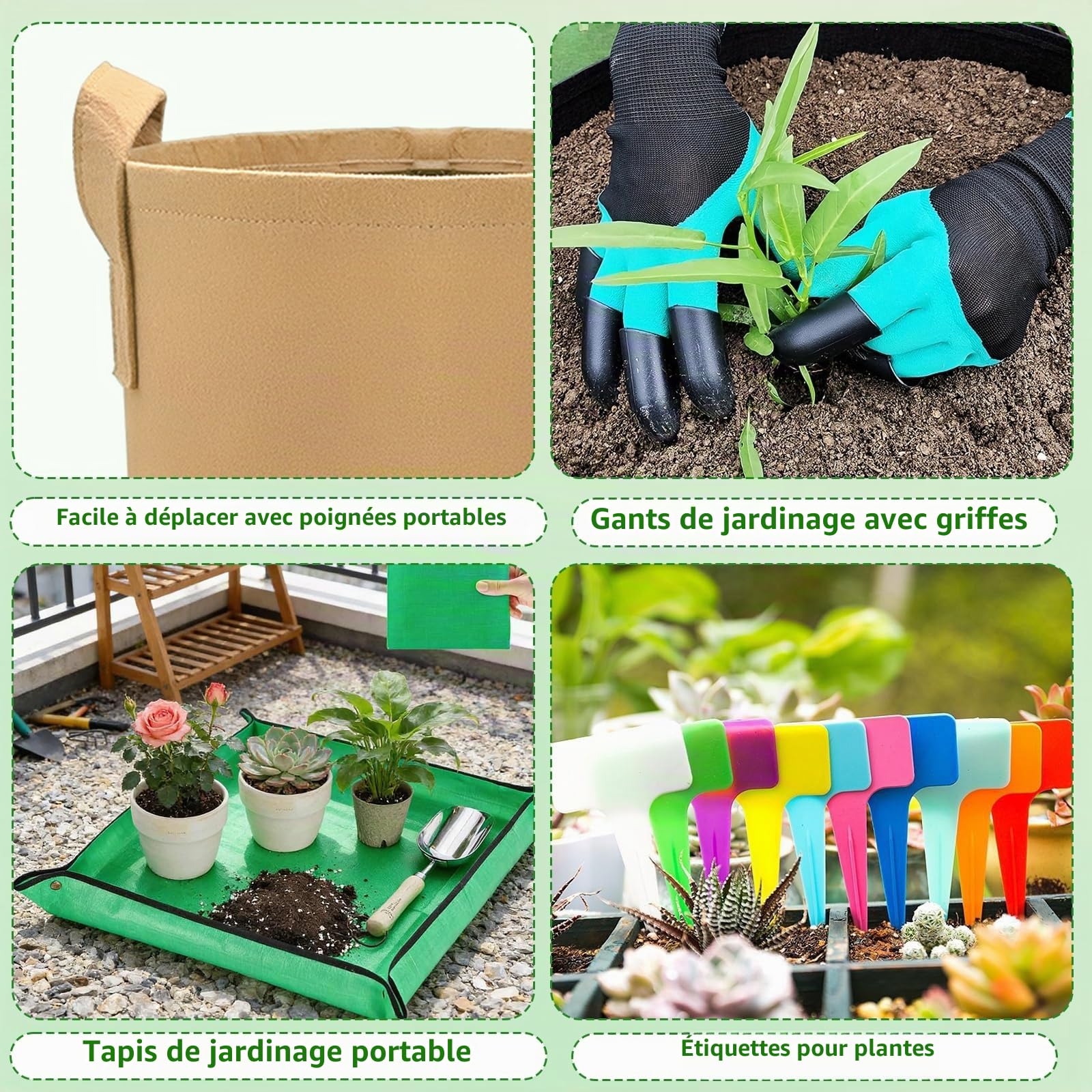 Sac de Plantation Lot de 3, Sacs à Patates de 10 Gallons avec Gants Tapis de Jardin et étiquettes Plantes, Sacs de Plantation pour Pommes de Terre, Légumes et Fleurs au Jardin et à l'extérieur