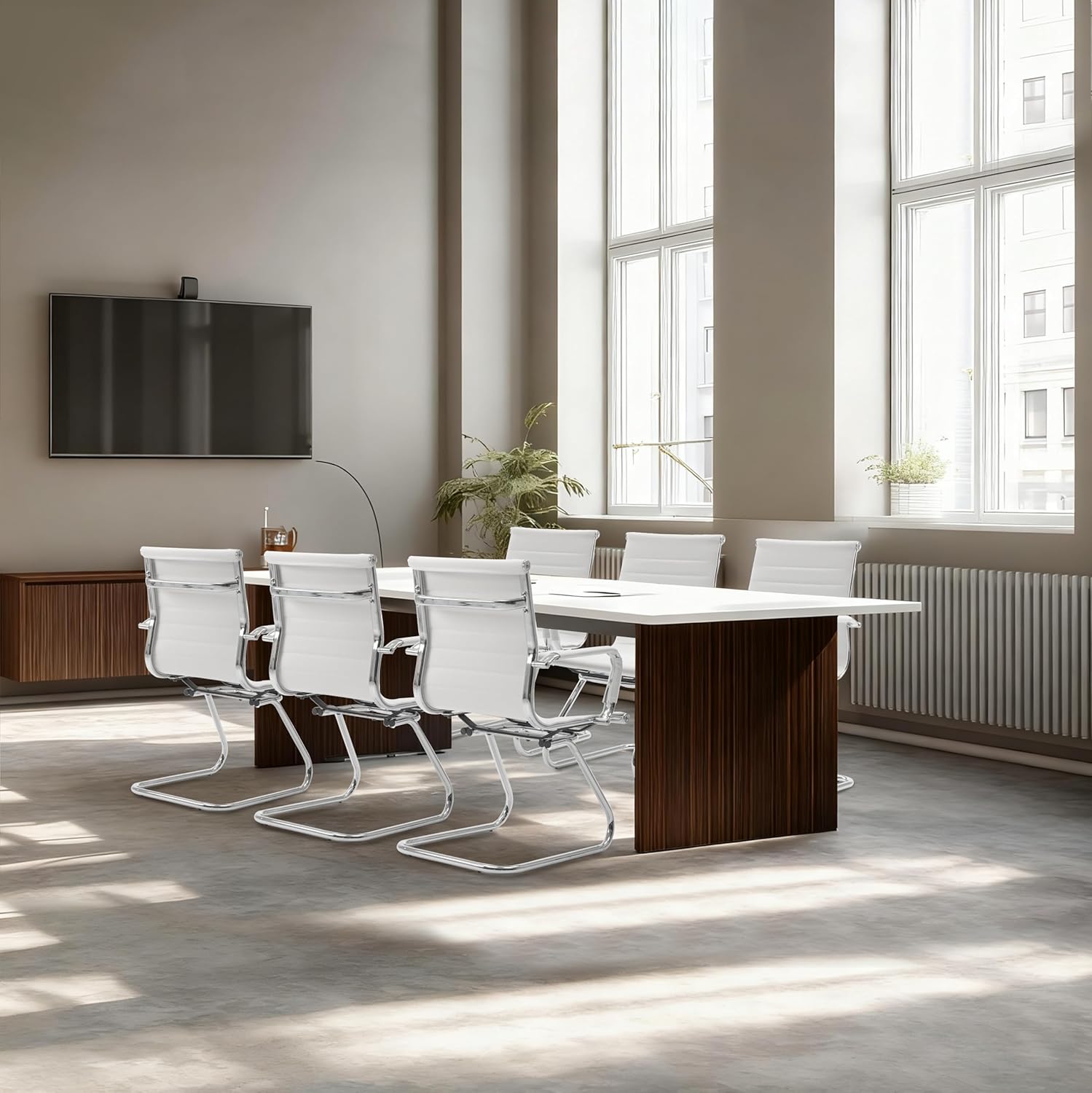 Office Reception Guest Chair with Arms Set of 4 PU Leather Stationary Waiting Room Chairs Conference Reception Room Chair No Wheels Metal Sled Base, White 4PC