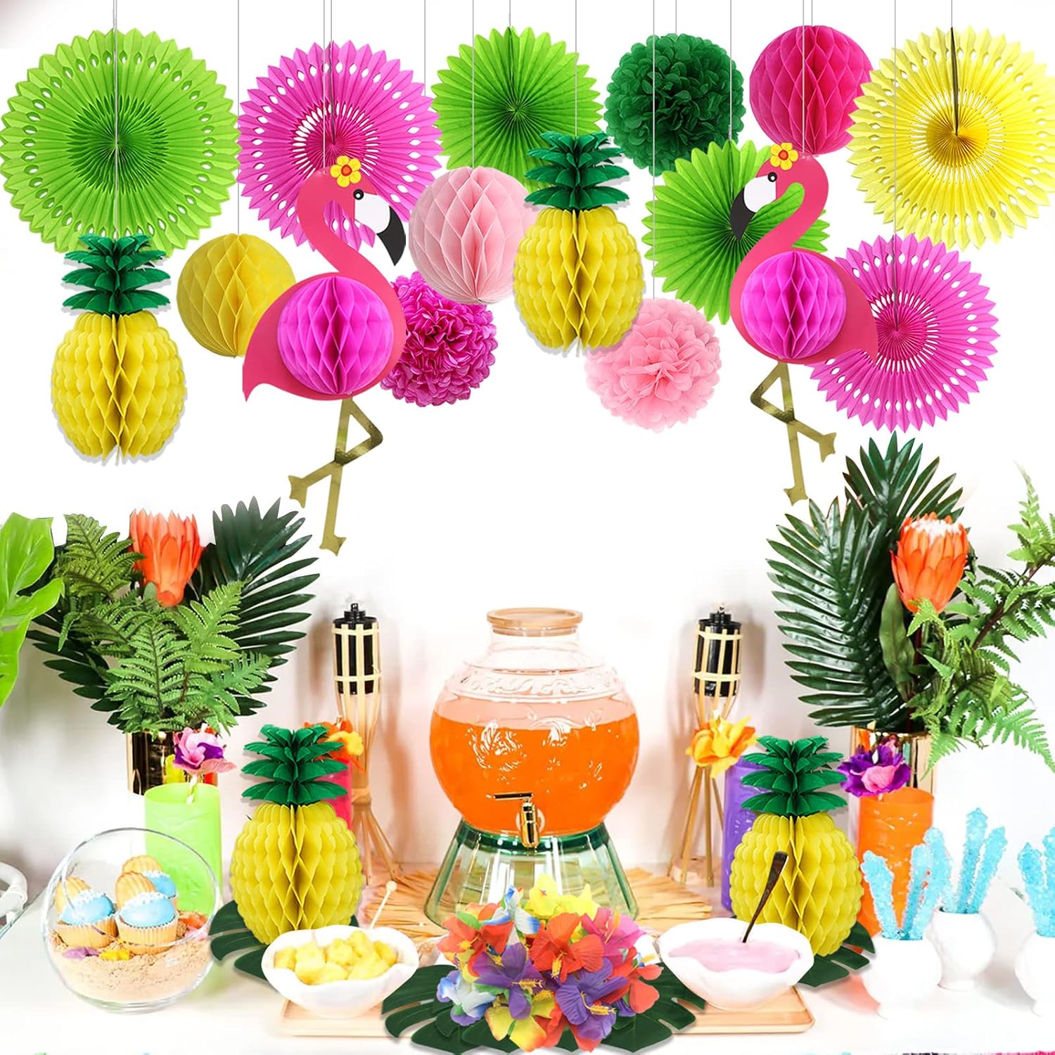 Flamingo Party Supplies, Luau Party Decorations Topical Flamingo and Pineapple Honeycomb Balls Paper Fans Pom Poms Flowers Hibiscus Flowers for Hawaiian Birthday Beach Bachelorette Party