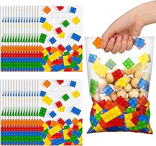 Pajean 50 Pcs Building Block Party Favor Gift Bags Bulk 6.7 x 9.8 in Plastic Building Blocks Bags for Brick Gift Treat Goodie Candy Snack Bricks Theme Birthday Baby Shower Decorations Supplies