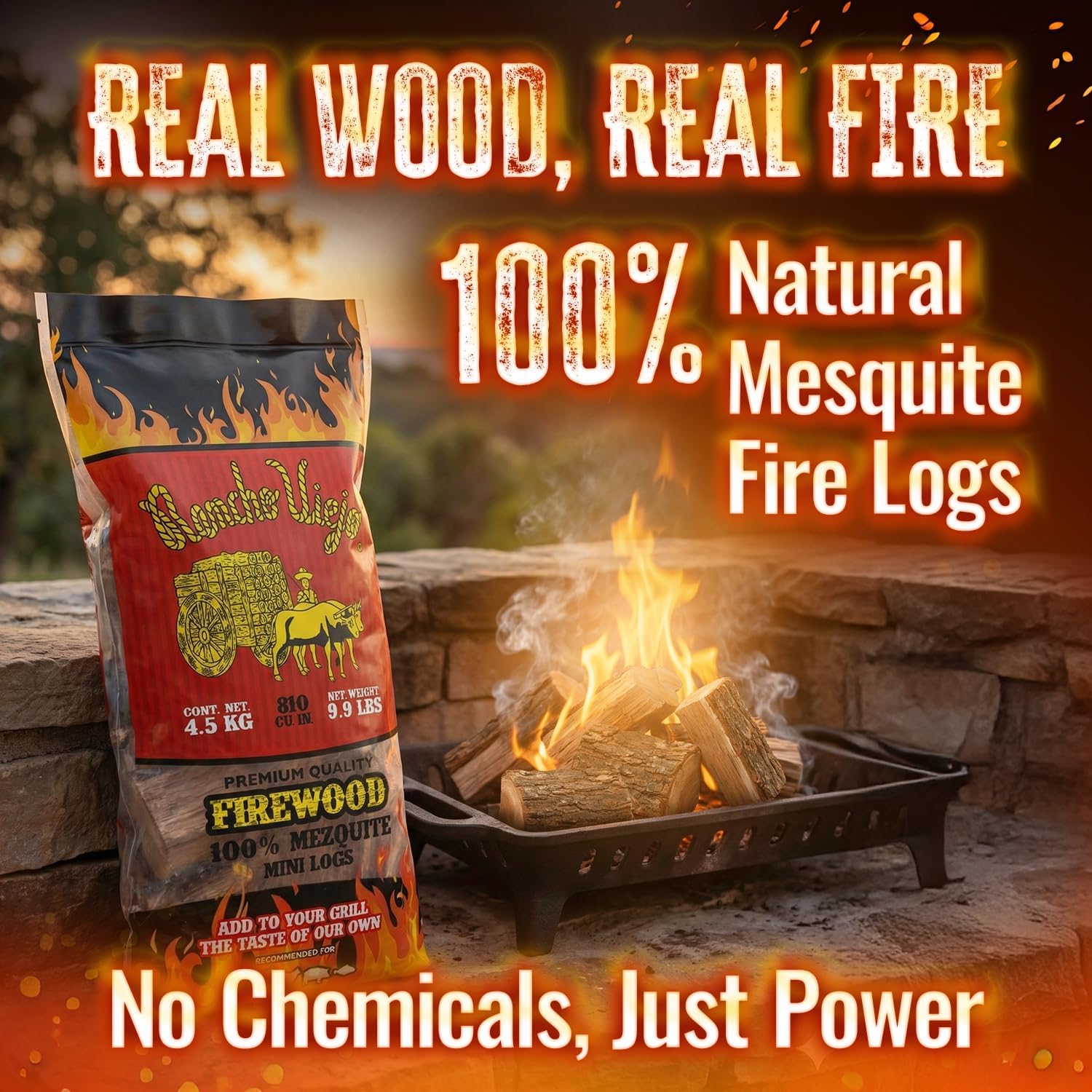 Rancho Viejo Wood Logs – 100% Natural Hardwood Firewood for Grilling, Indoor Fireplaces, Outdoor Campfires & Wood Stoves – Long Burn Time, Low Smoke & Chemical-Free Fire Logs, 9.9 lb, 1-Pack