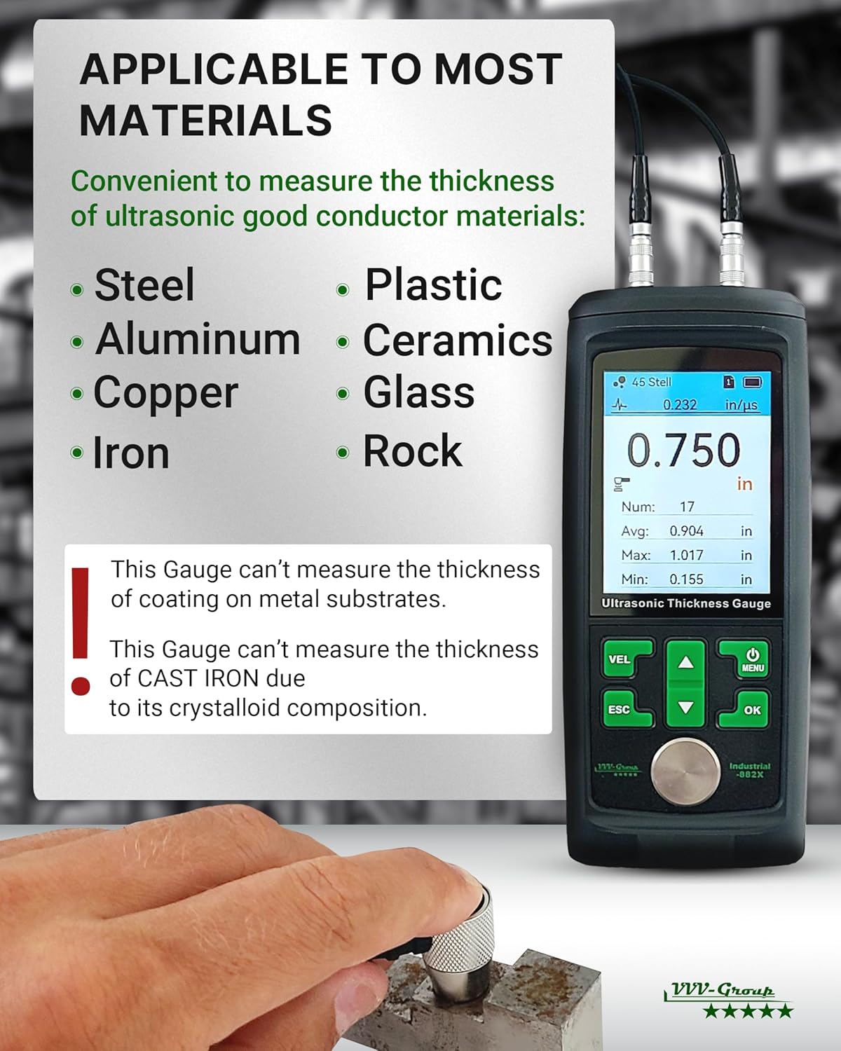 Ultrasonic Thickness Gauge Industrial-882X / Steel, Metals, Plastic, Glass, PVC, Pipes Thickness Gauge Meter – Range 0.039 to 11.811 inch (1-300mm) | Color LCD (All Material)