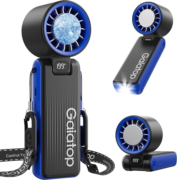 Gaiatop Portable Handheld Turbo Fan with Ice Cooler, 6000mAh 32H Cooling Fan Portable, 199 Speeds Personal Fans, Rechargeable Mini Hand Held Fans LED Light, Desk Makeup Travel essentials Classic Blue