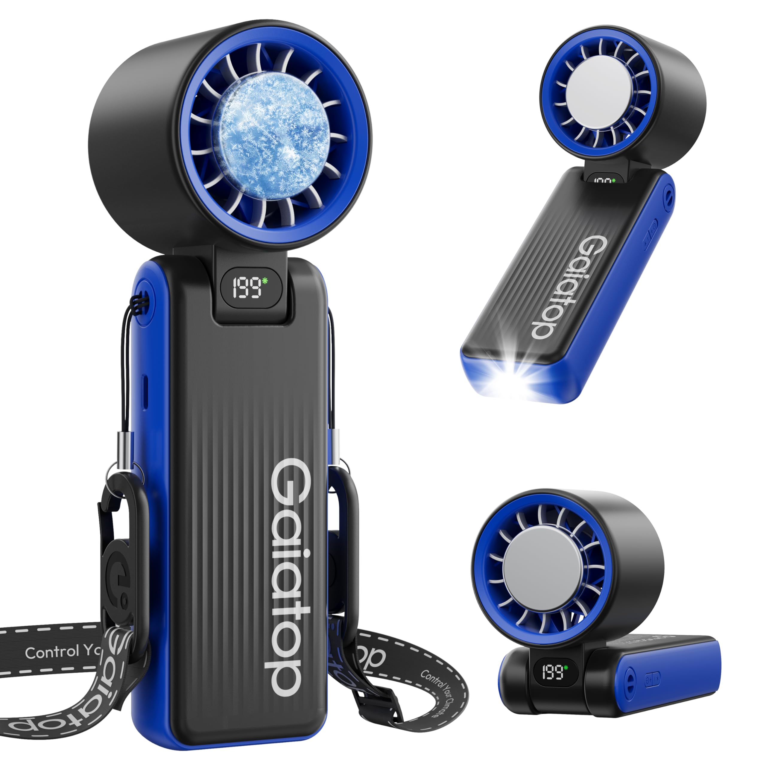 Gaiatop Portable Handheld Turbo Fan with Ice Cooler, 6000mAh 32H Cooling Fan Portable, 199 Speeds Personal Fans, Rechargeable Mini Hand Held Fans LED Light, Desk Makeup Travel essentials Classic Blue