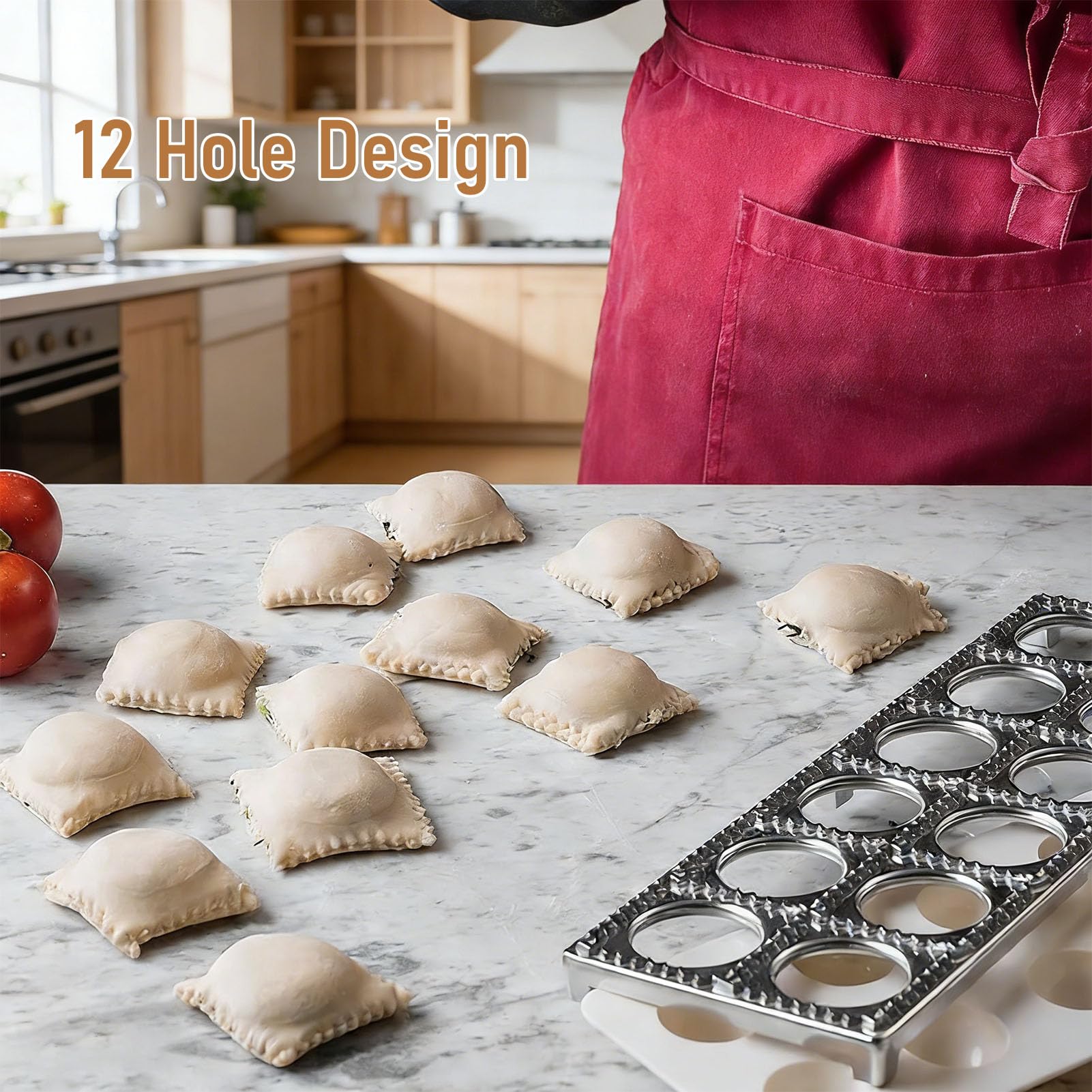 Luocute Cortador para Hacer Raviolis Cuadrados, Molde para Bola de Masa de Aleación de Aluminio de 12 Agujeros con Rodillo de Madera, Molde para Pasta y Sellos para Cocinar Albóndigas