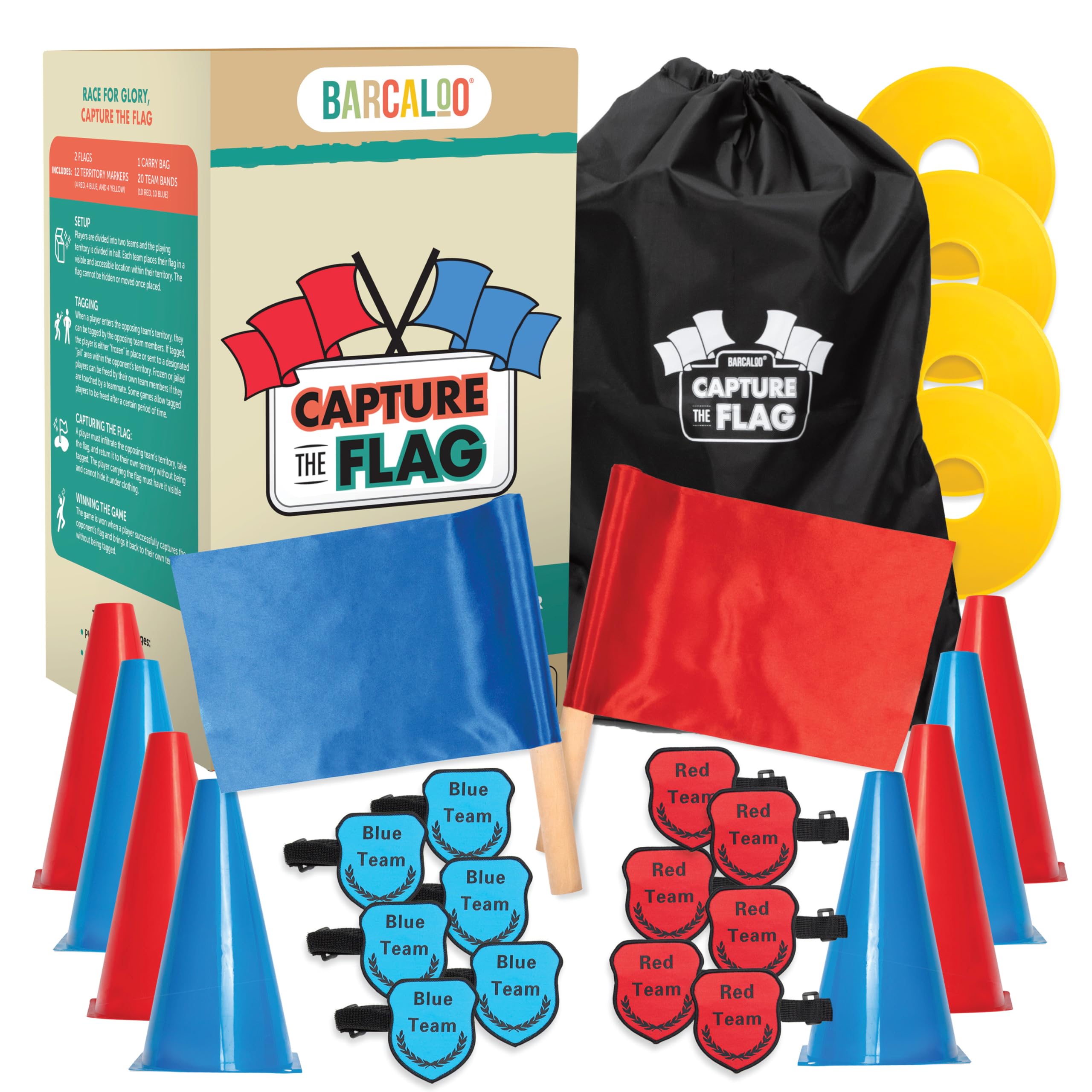 Barcaloo Capture The Flag, Traditional 12 Player Set with Real Wood Handle Flags & Arm Bands - Outdoor Yard Game for Family, Kids and Teens - Cool Birthday Gifts for Boys, Family Reunions, & Field Day