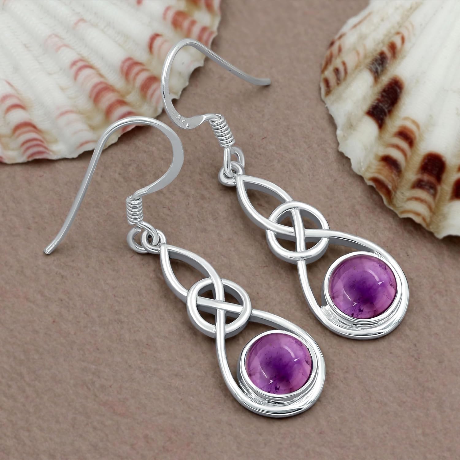 Natural Moonstone/Labradorite/Turquoise/Larimar/Amethyst/Lapis 925 Silver Plated Celtic Knot Design Vintage Style Handmade Dangle Earrings for Women Gifts for Wedding Anniversary Birthdays