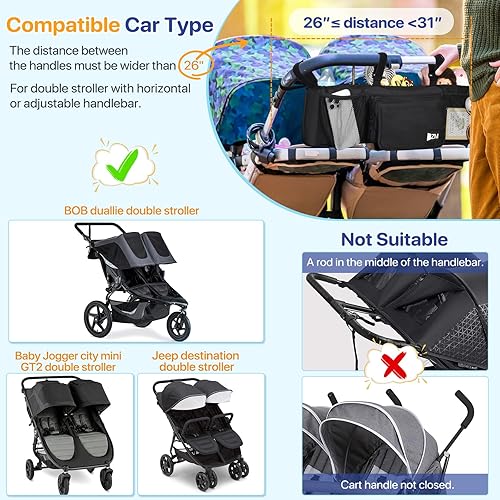 Miniatura 2 de ZZM Organizador de cochecito doble para Bob Duallie y Baby Jogger City Mini GT2, accesorios de cochecito de bebé doble con 2 bolsillos enfriadores,